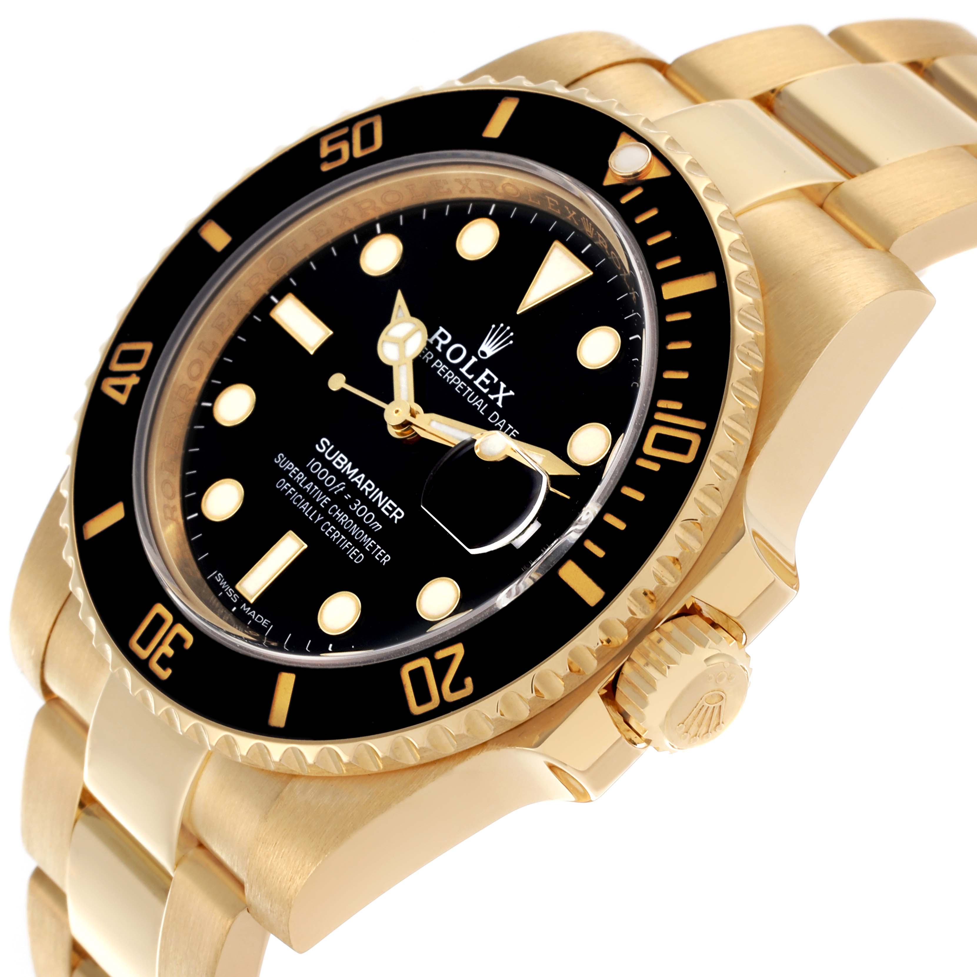 The Rolex Submariner 116618 Men's Yellow Gold Black Dial 116618 Men's Yellow Gold Black Dial watch is shown at a slight angle, highlighting its bezel, dial, crown, and bracelet.