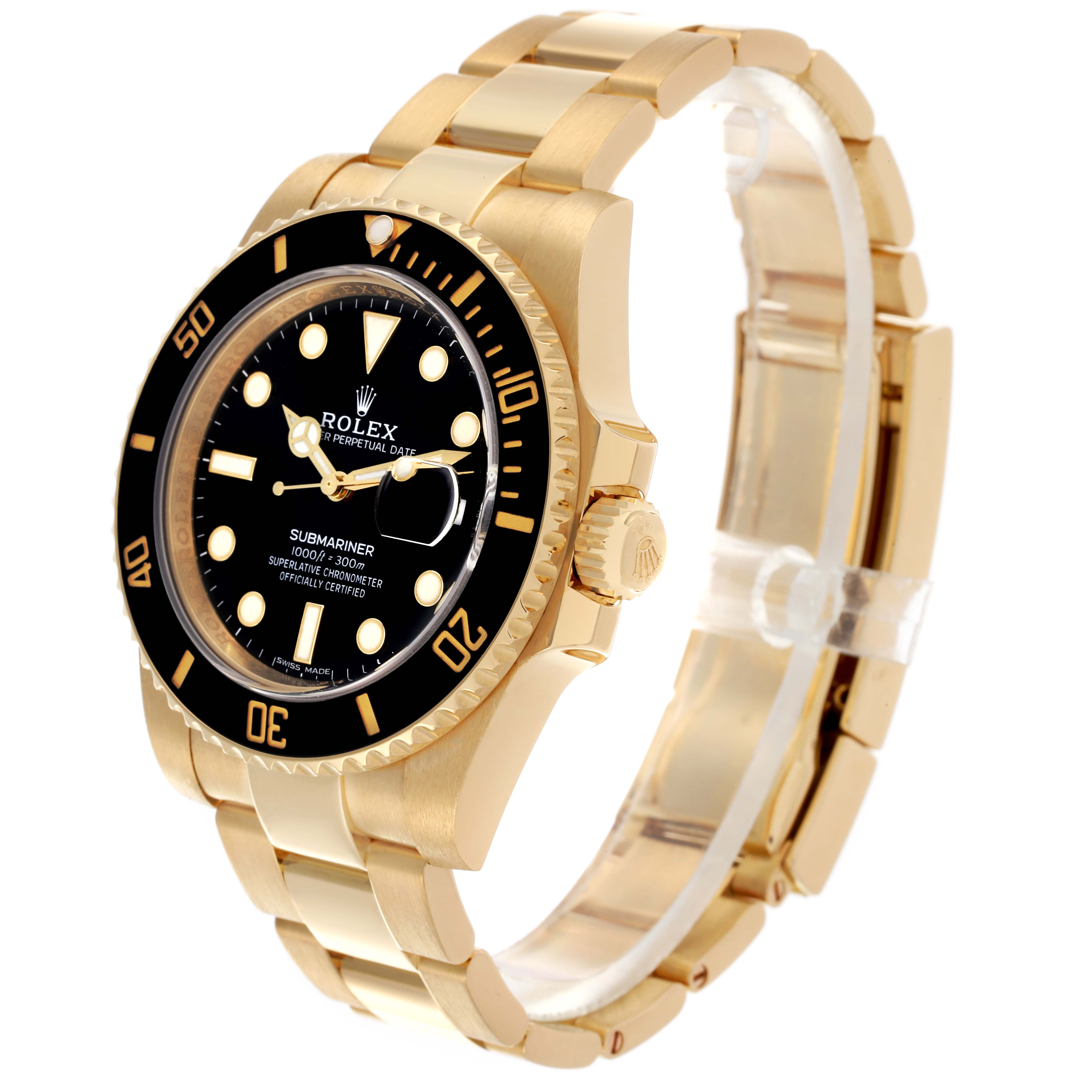 The Rolex Submariner 116618 Men's Yellow Gold Black Dial 116618 Men's Yellow Gold Black Dial is shown at a three-quarter angle, highlighting the dial, bezel, case, and bracelet.