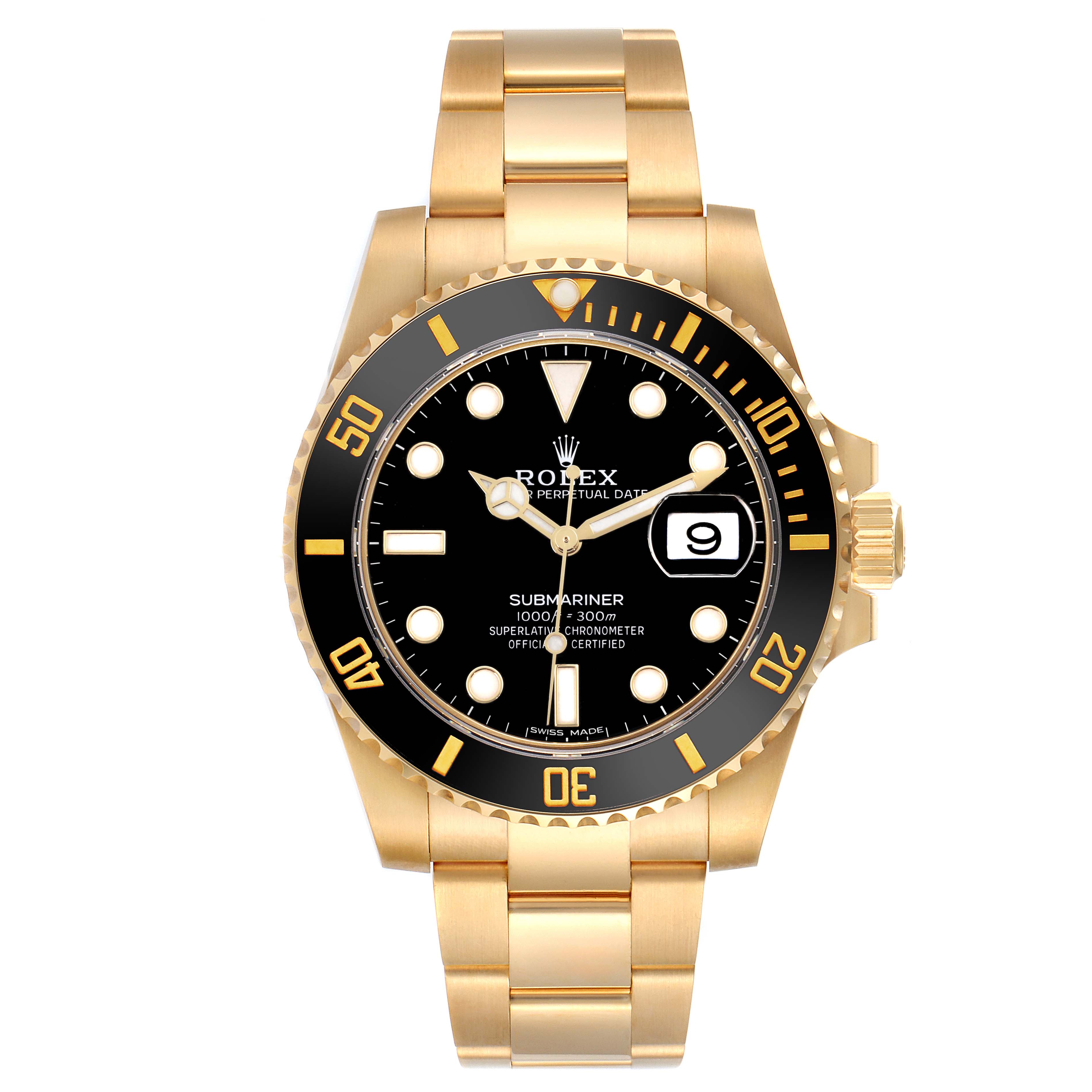 The Rolex Submariner 116618 Men's Yellow Gold Black Dial 116618 Men's Yellow Gold Black Dial is shown frontally, displaying the dial, bezel, and bracelet.