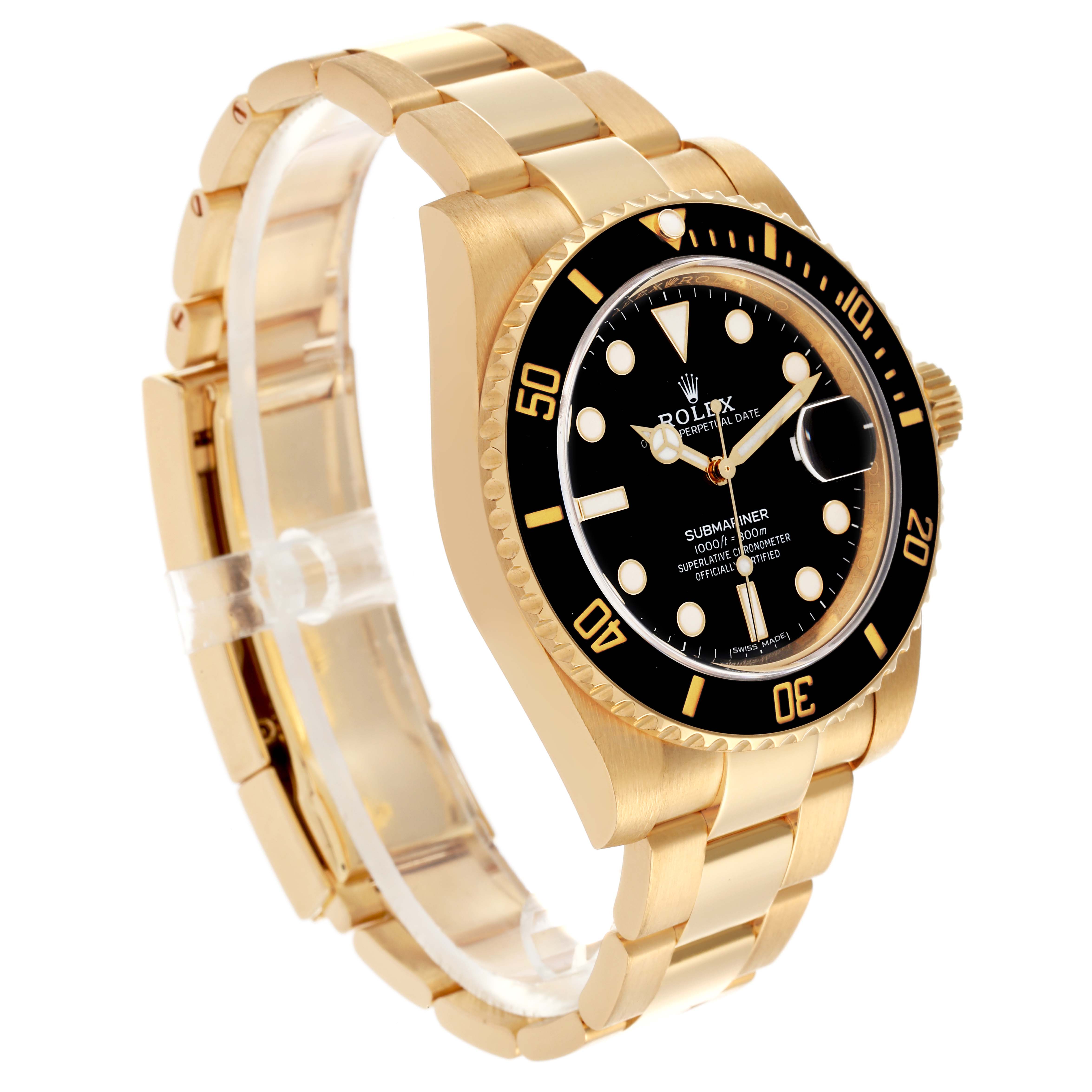 The Rolex Submariner 116618 Men's Yellow Gold Black Dial 116618 Men's Yellow Gold Black Dial model is shown at a side angle, highlighting the gold bracelet, black bezel, and dial.