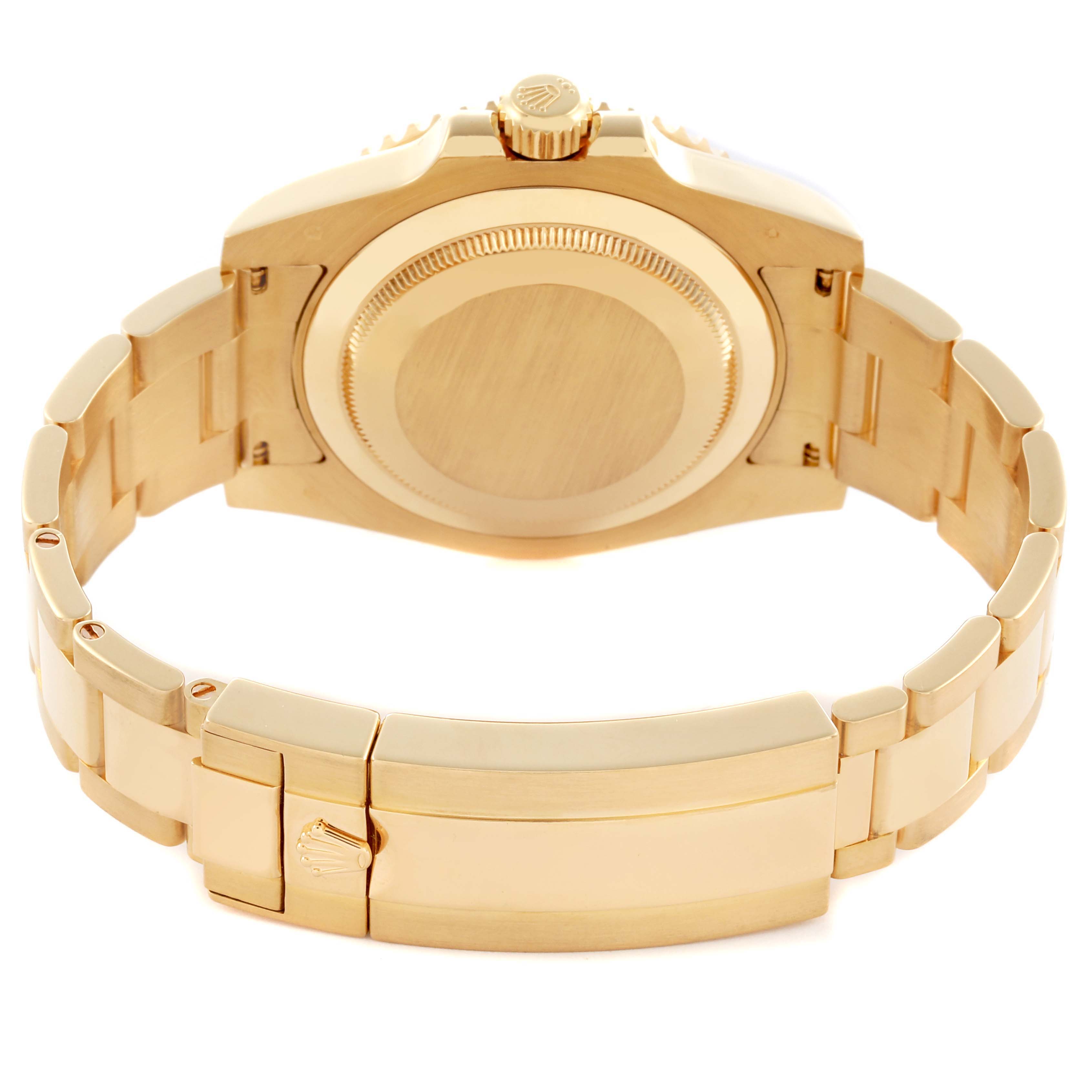 The Rolex Submariner 116618 Men's Yellow Gold Black Dial 116618 Men's Yellow Gold Black Dial is shown from the back, displaying its gold case, bracelet, clasp, and crown.