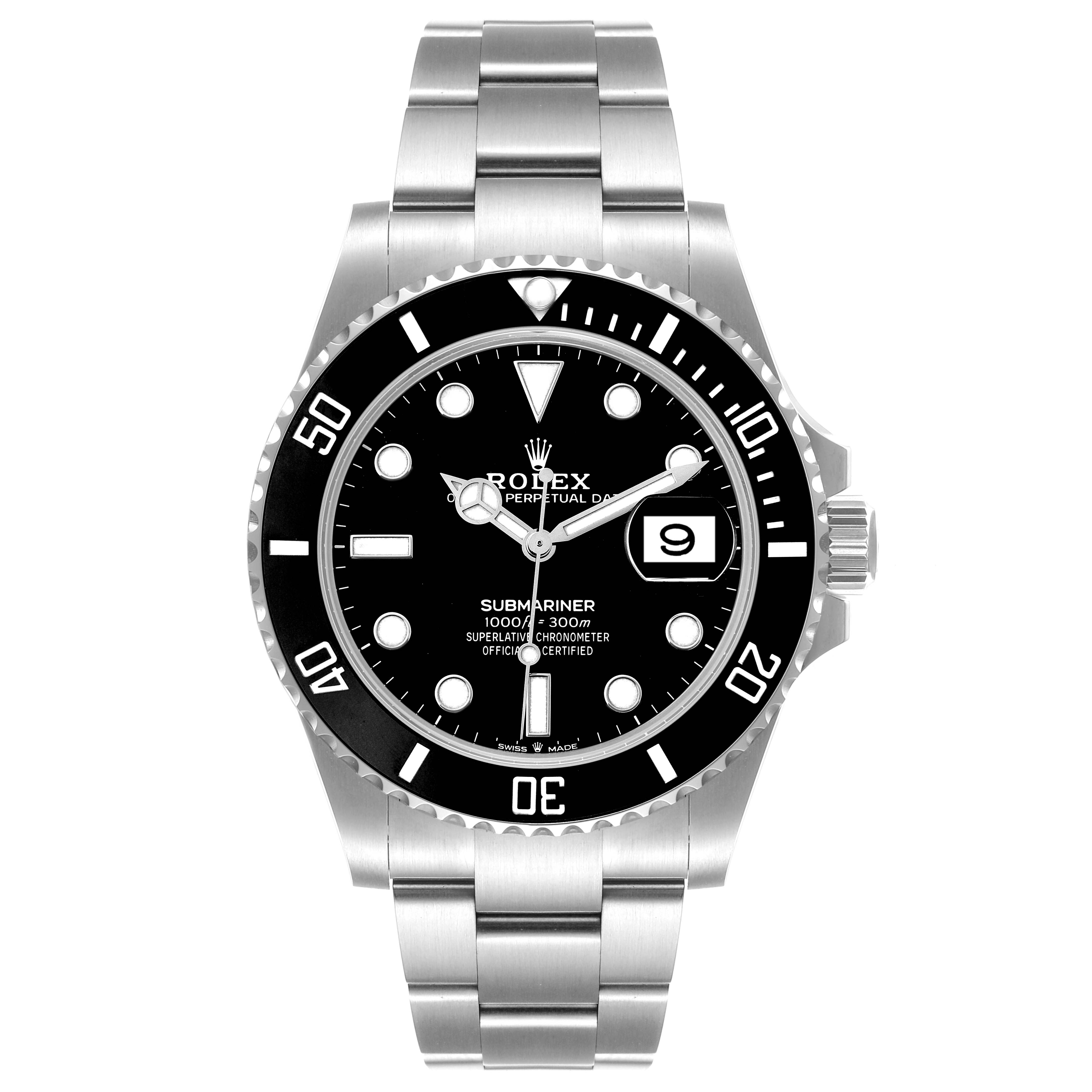 The image shows a front view of a Rolex Submariner 126610 Men
s Stainless Steel Black Dial 126610 Men
s Stainless Steel Black Dial watch, showcasing its bezel, dial, hands, crown, and bracelet.