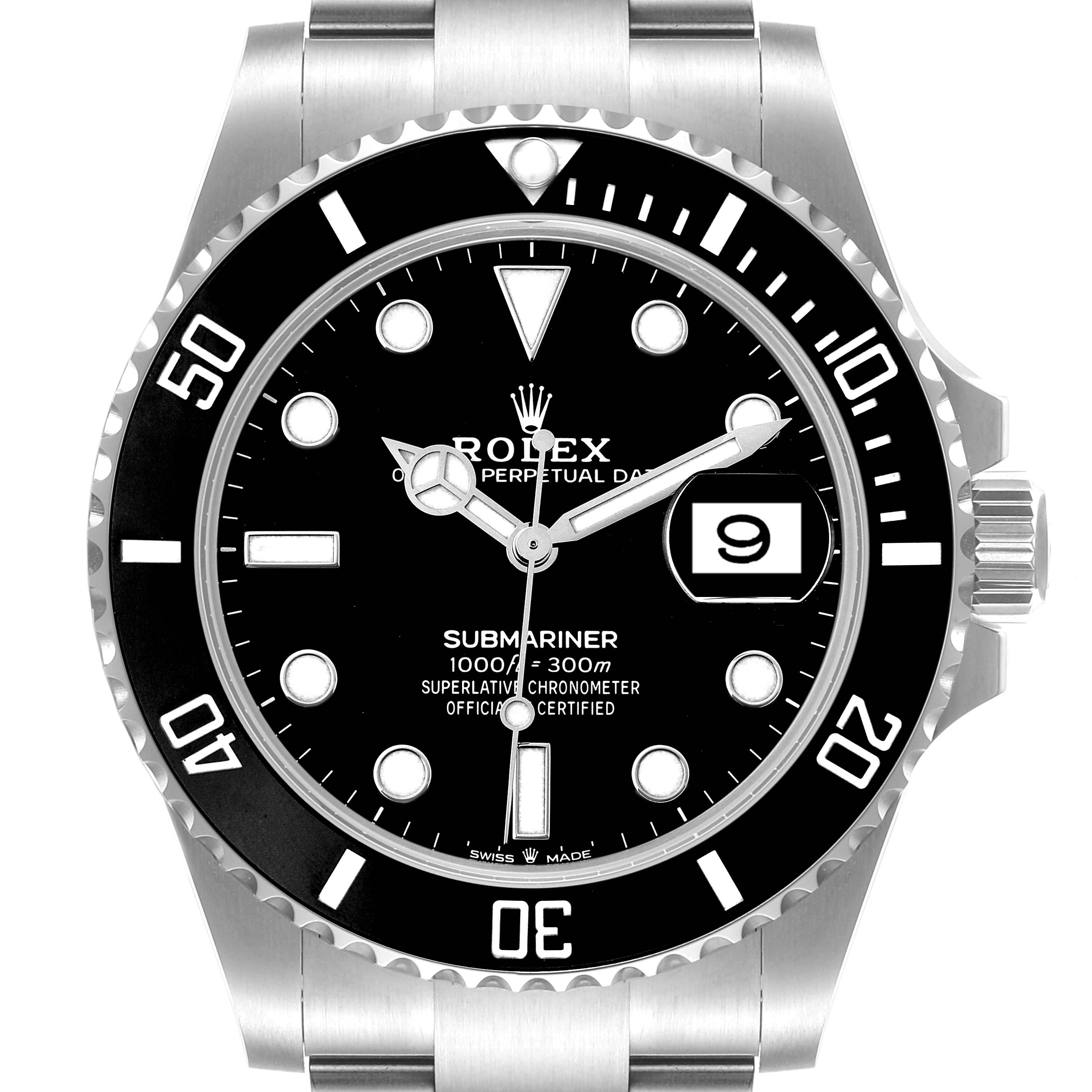 The image shows a front view of a Rolex Submariner 126610 Men
s Stainless Steel Black Dial 126610 Men
s Stainless Steel Black Dial watch, highlighting the dial, bezel, hands, and part of the bracelet.