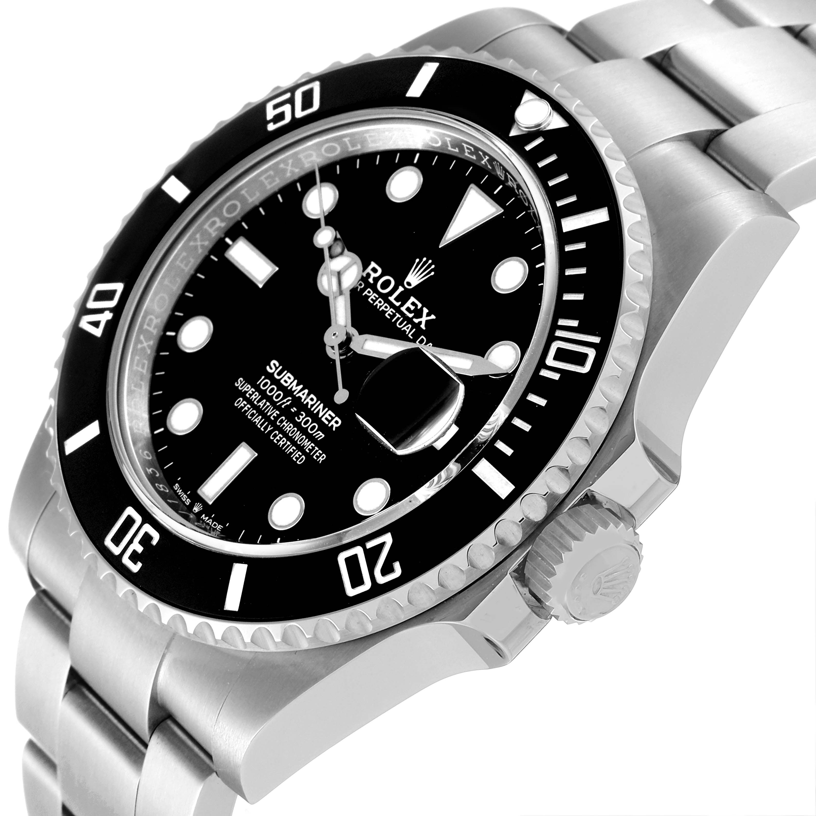 The image shows a close-up angle of the Rolex Submariner 126610 Men
s Stainless Steel Black Dial 126610 Men
s Stainless Steel Black Dial watch, highlighting the face, bezel, crown, and part of the bracelet.