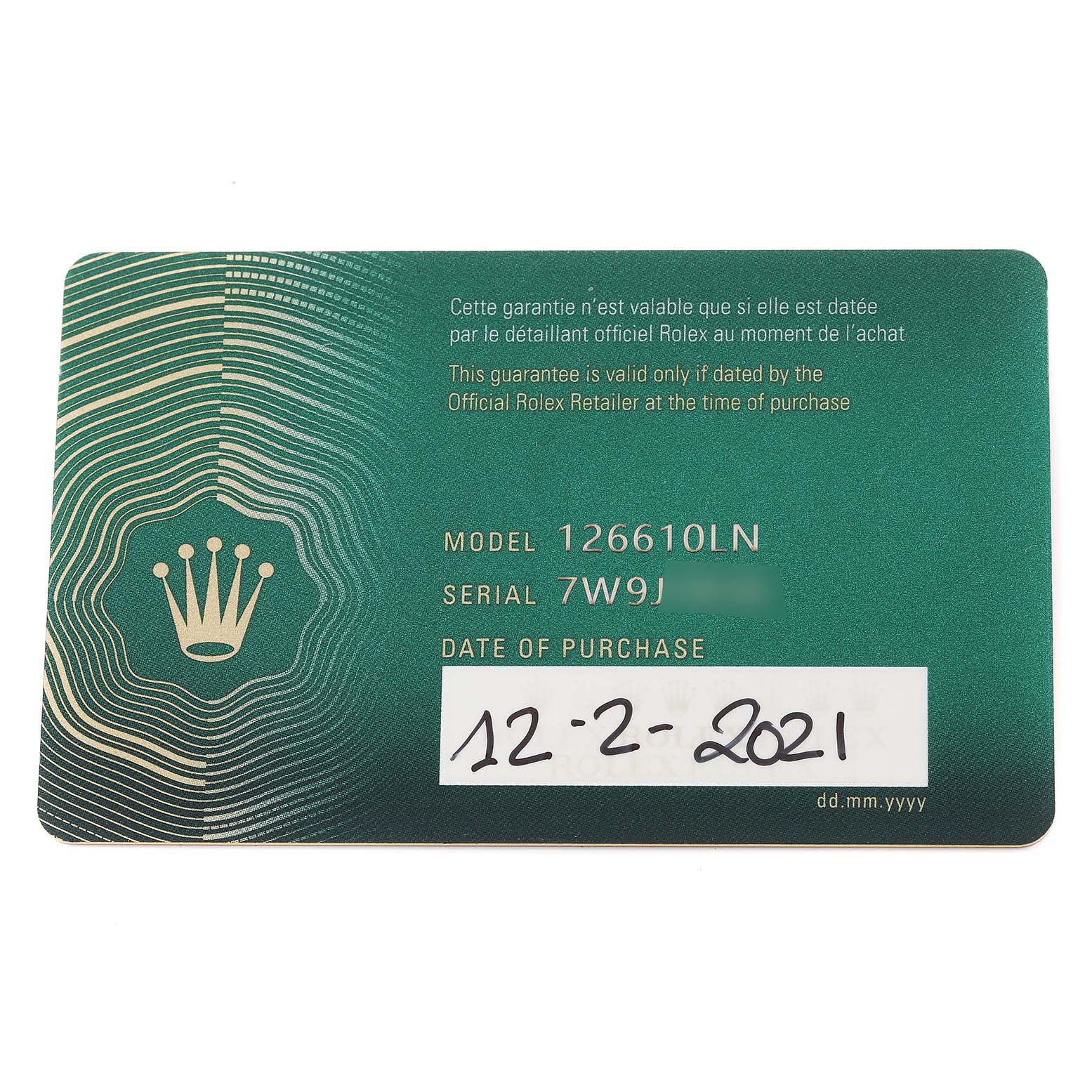 The image shows the guarantee card for the Rolex Submariner 126610 Men
s Stainless Steel Black Dial 126610 Men
s Stainless Steel Black Dial model 126610LN.