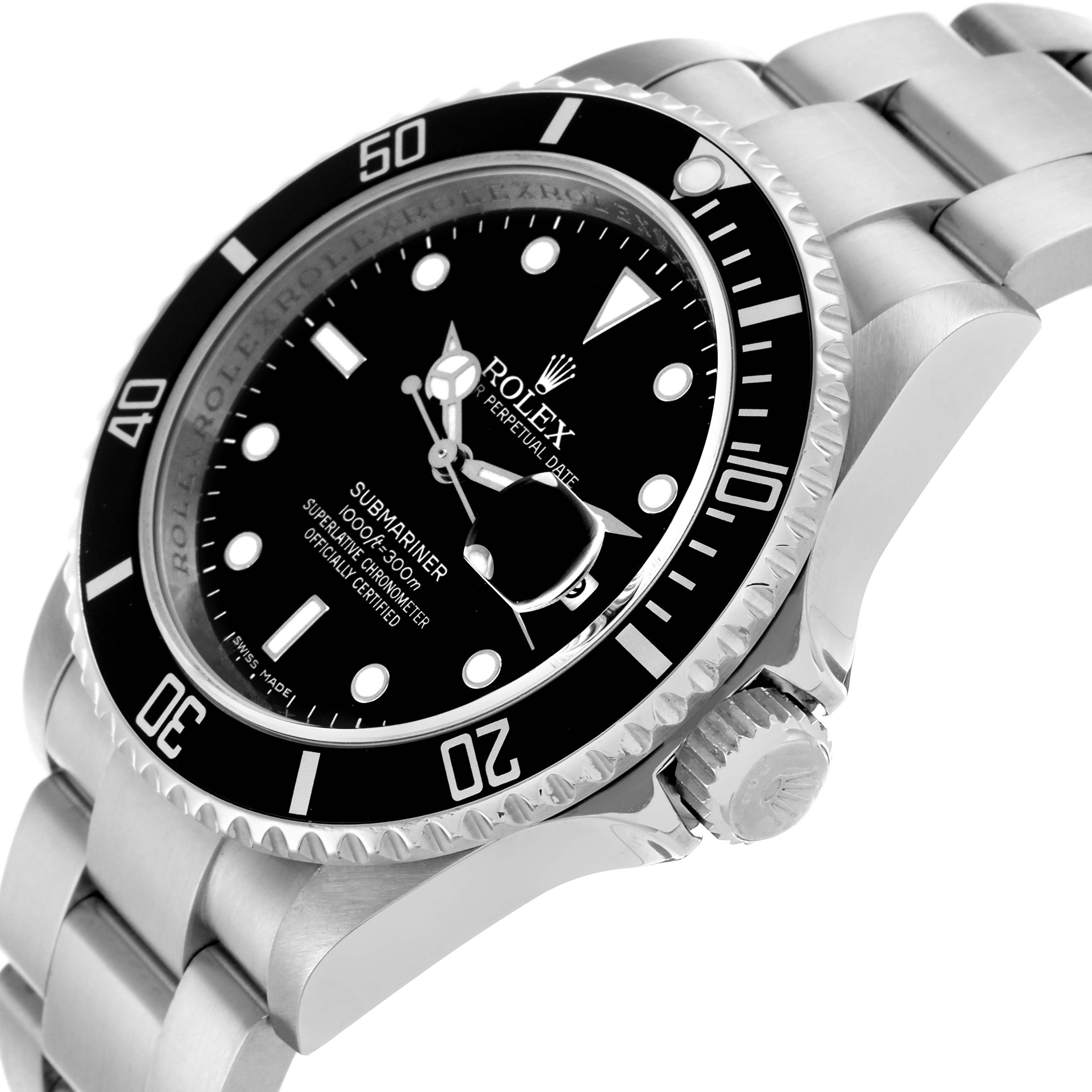 The Rolex Submariner 16610 Men's Stainless Steel Black Dial 16610 Men's Stainless Steel Black Dial watch is shown from a side angle, highlighting the bezel, crown, and part of the bracelet.
