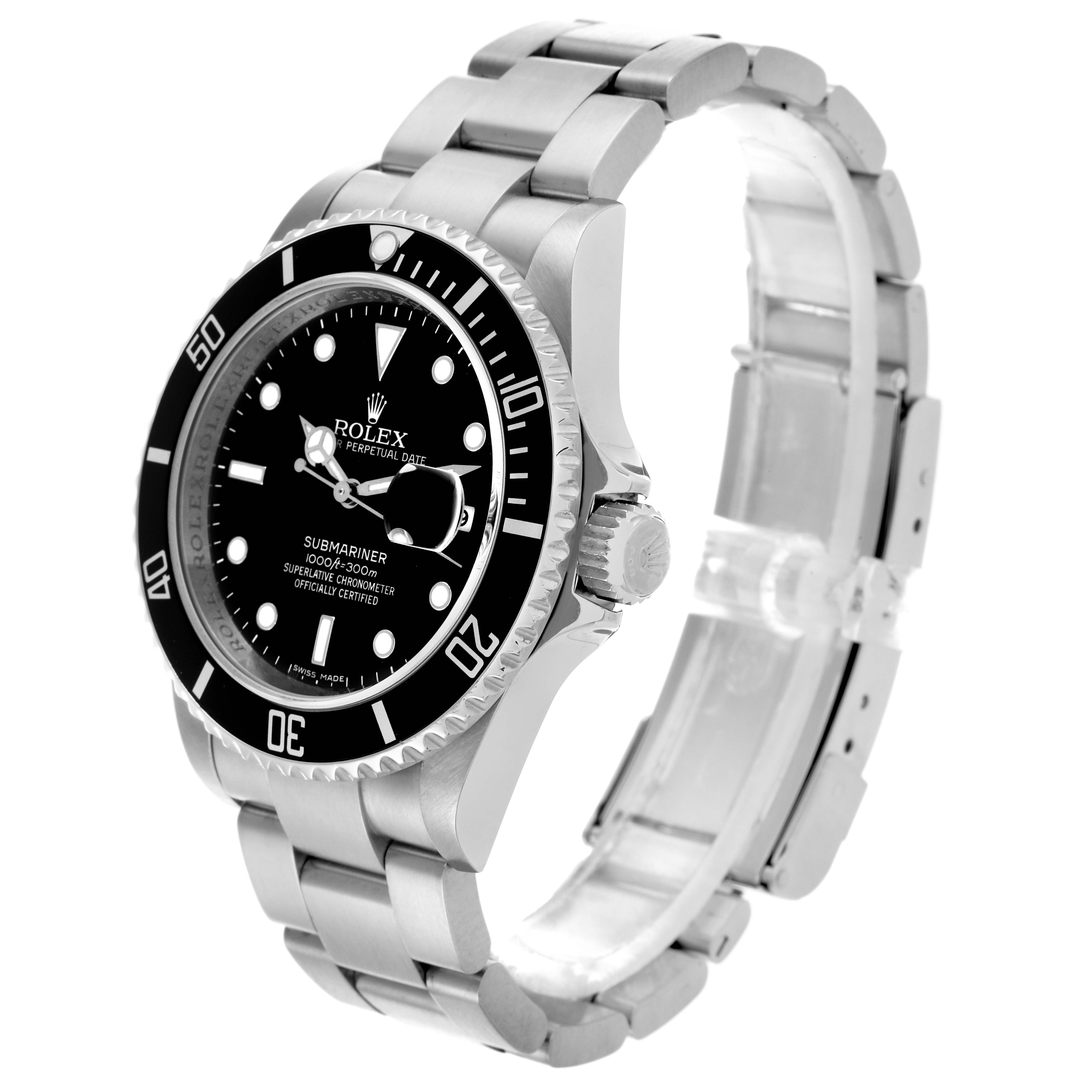 The Rolex Submariner 16610 Men's Stainless Steel Black Dial 16610 Men's Stainless Steel Black Dial is shown at a three-quarter angle, displaying the face, bezel, crown, and bracelet.