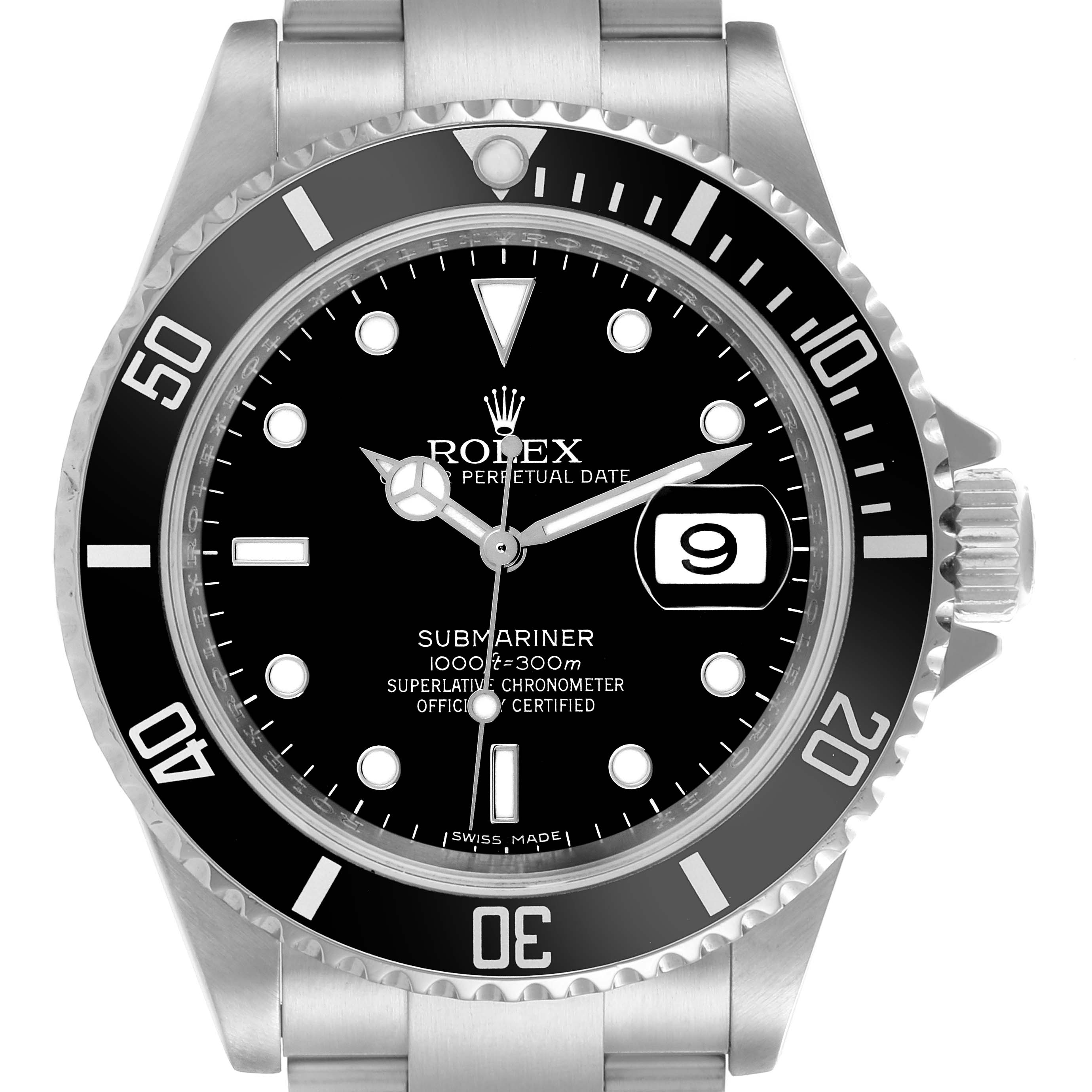 The Rolex Submariner 16610 Men's Stainless Steel Black Dial 16610 Men's Stainless Steel Black Dial watch is shown from the front, displaying the dial, bezel, and part of the bracelet.