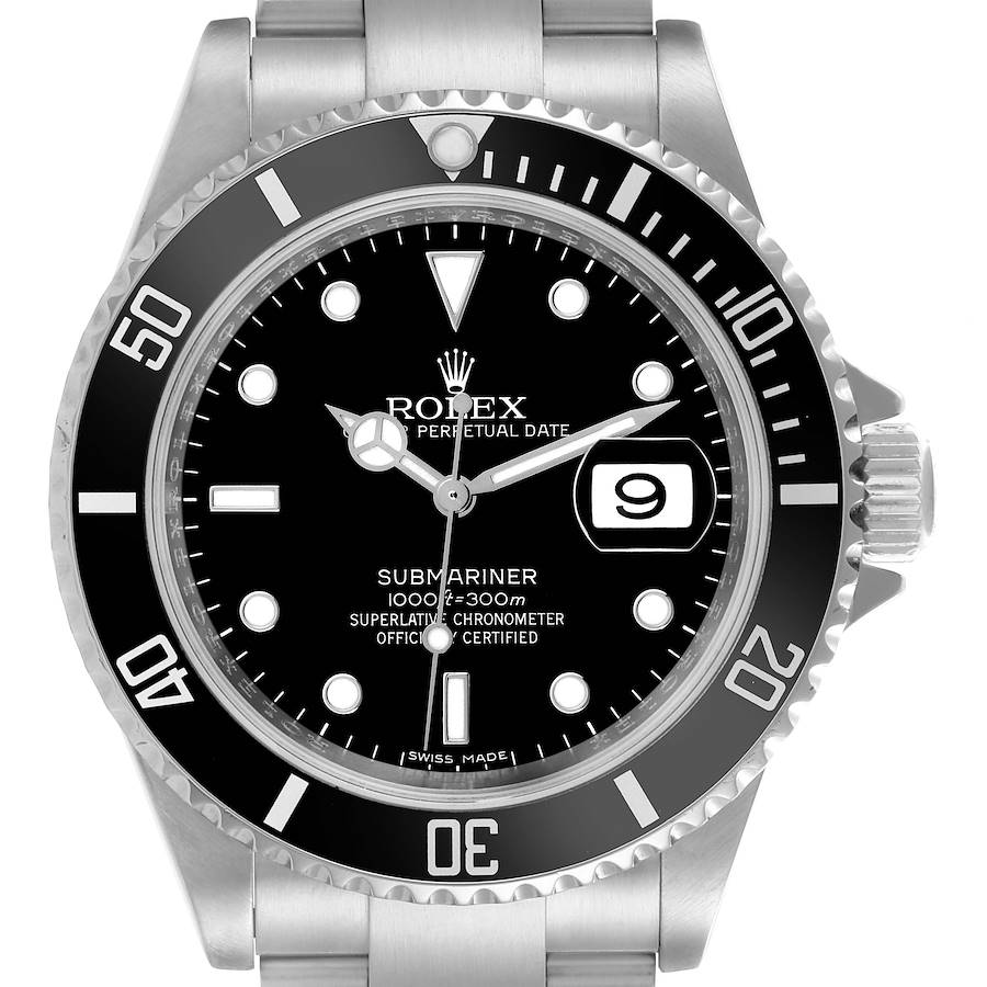 The Rolex Submariner watch is shown from the front, displaying the dial, bezel, and part of the bracelet.