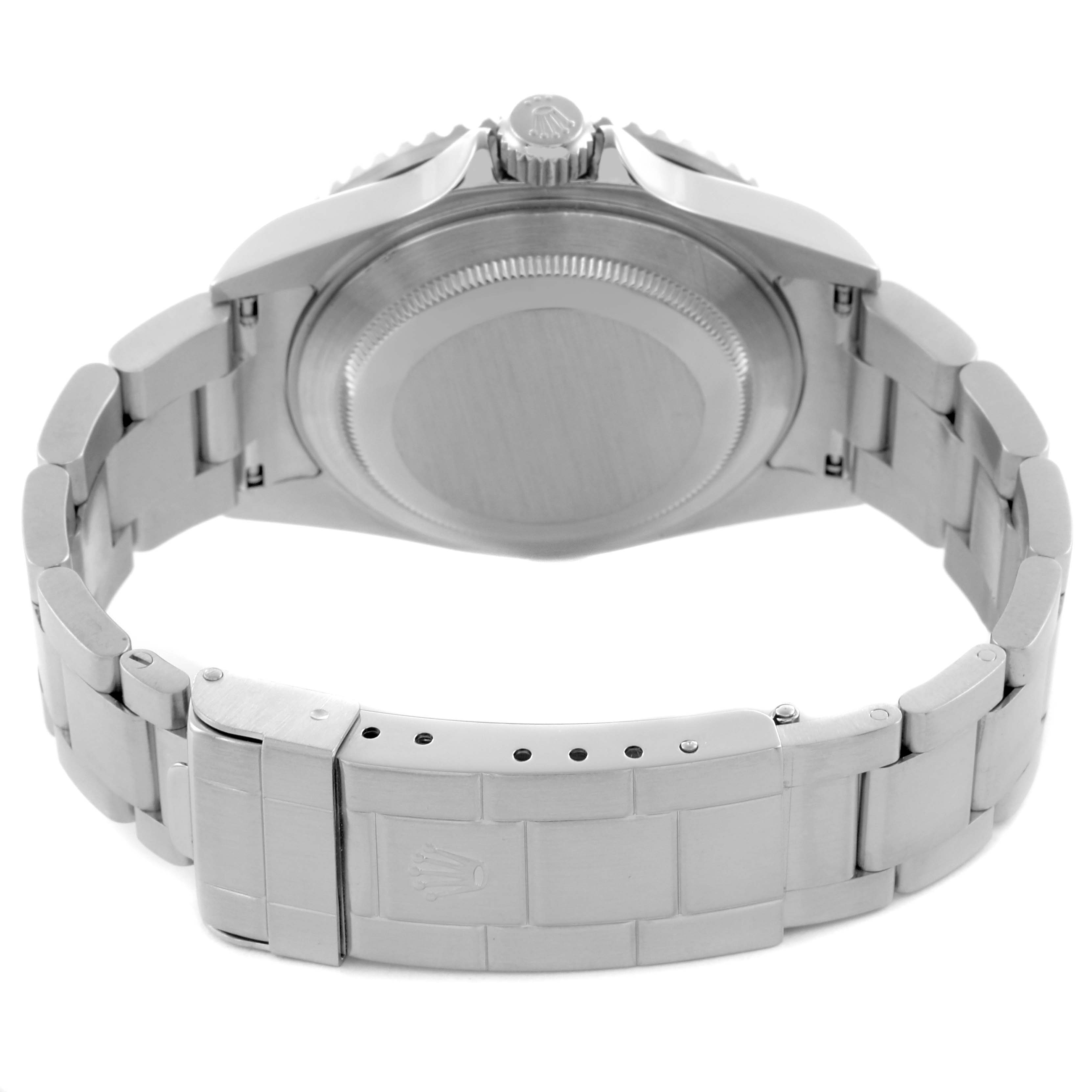 The image shows the back case, crown, and bracelet clasp of a Rolex Submariner 16610 Men's Stainless Steel Black Dial 16610 Men's Stainless Steel Black Dial watch from a rear angle.