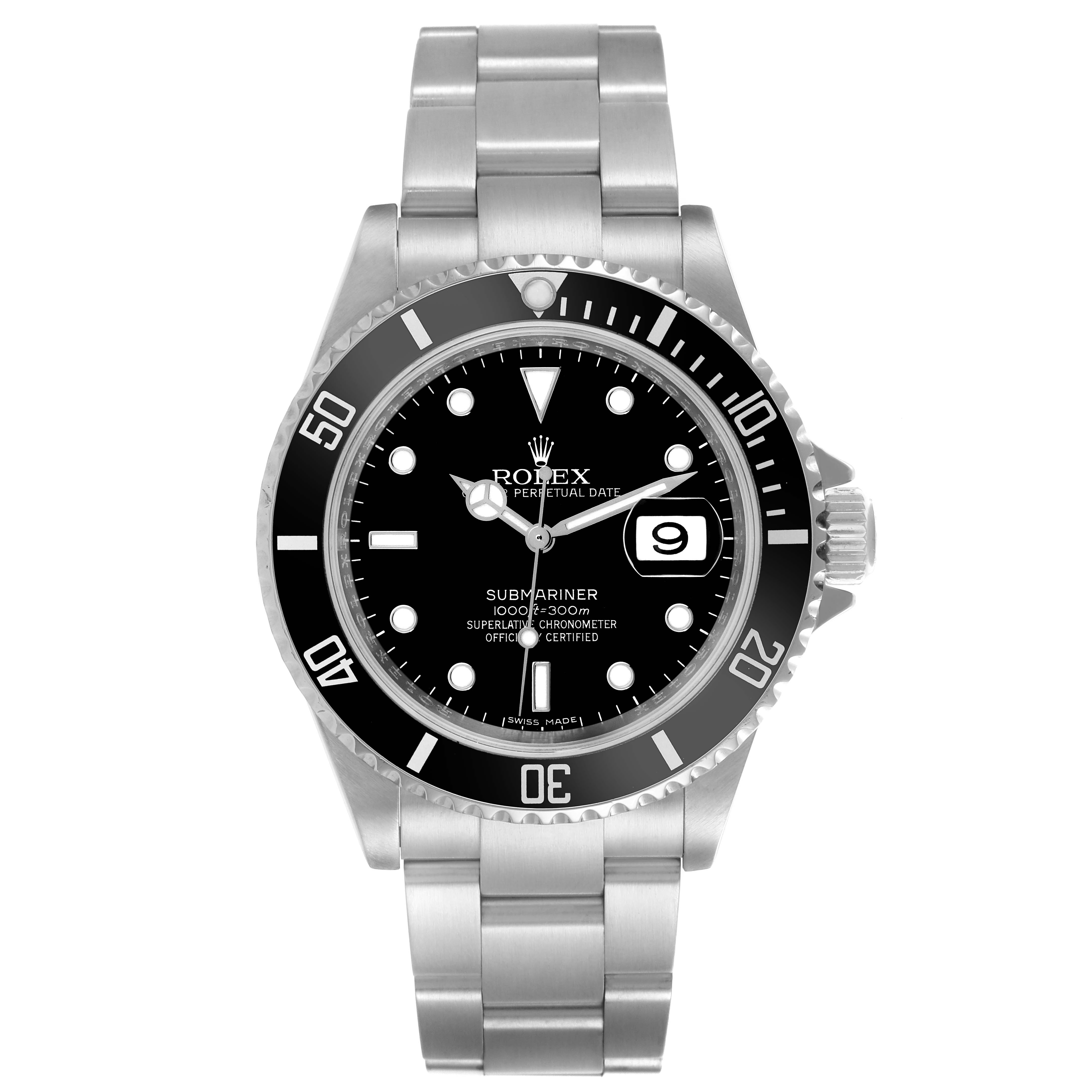 The Rolex Submariner 16610 Men's Stainless Steel Black Dial 16610 Men's Stainless Steel Black Dial watch is shown from the front, highlighting the dial, bezel, date window, and bracelet.