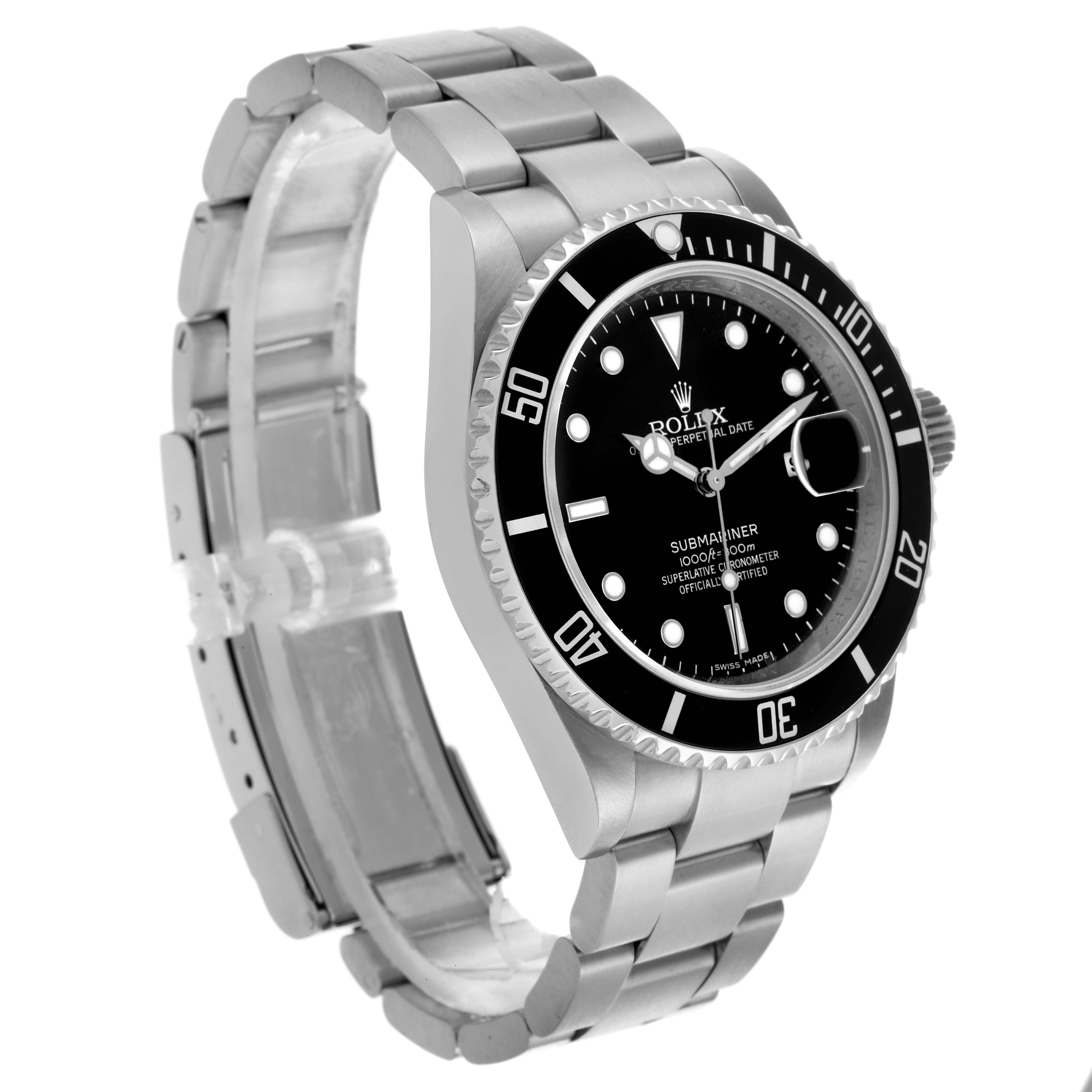 The Rolex Submariner 16610 Men's Stainless Steel Black Dial 16610 Men's Stainless Steel Black Dial watch is shown at a three-quarter angle, displaying the face, bezel, crown, and bracelet.