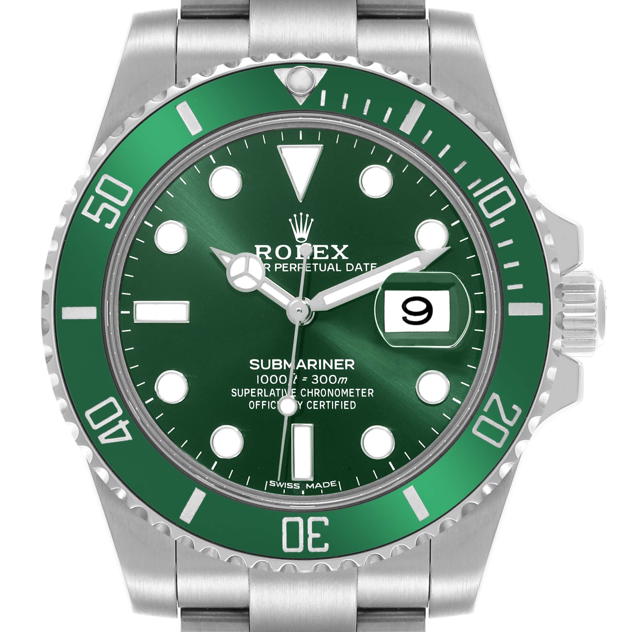 The Rolex Submariner 116610LV Men's Stainless Steel Green Dial 116610LV Men's Stainless Steel Green Dial watch is shown from a front angle, highlighting the dial, bezel, and part of the bracelet.
