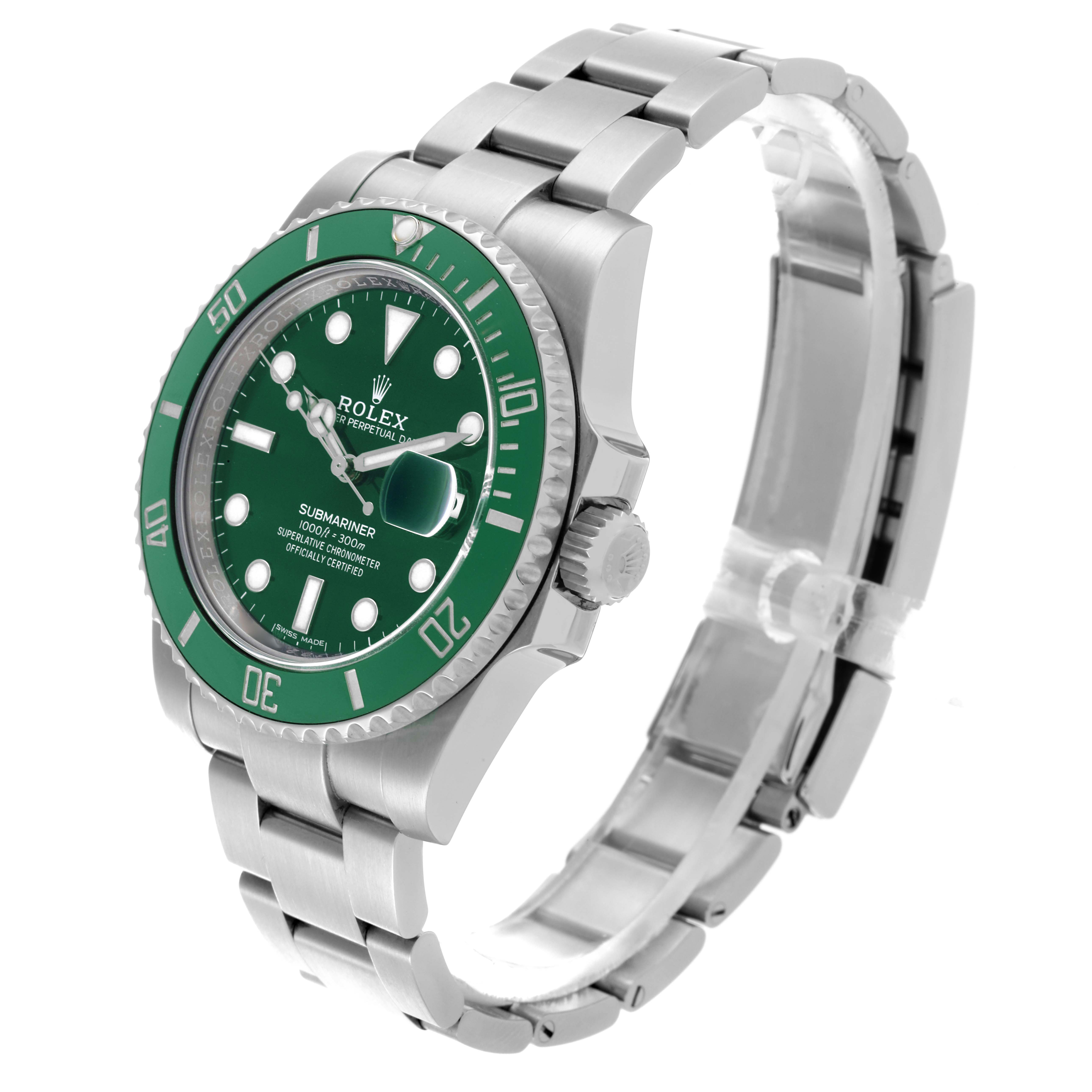 The Rolex Submariner 116610LV Men's Stainless Steel Green Dial 116610LV Men's Stainless Steel Green Dial is shown at a three-quarter angle displaying the green dial, bezel, crown, and bracelet.