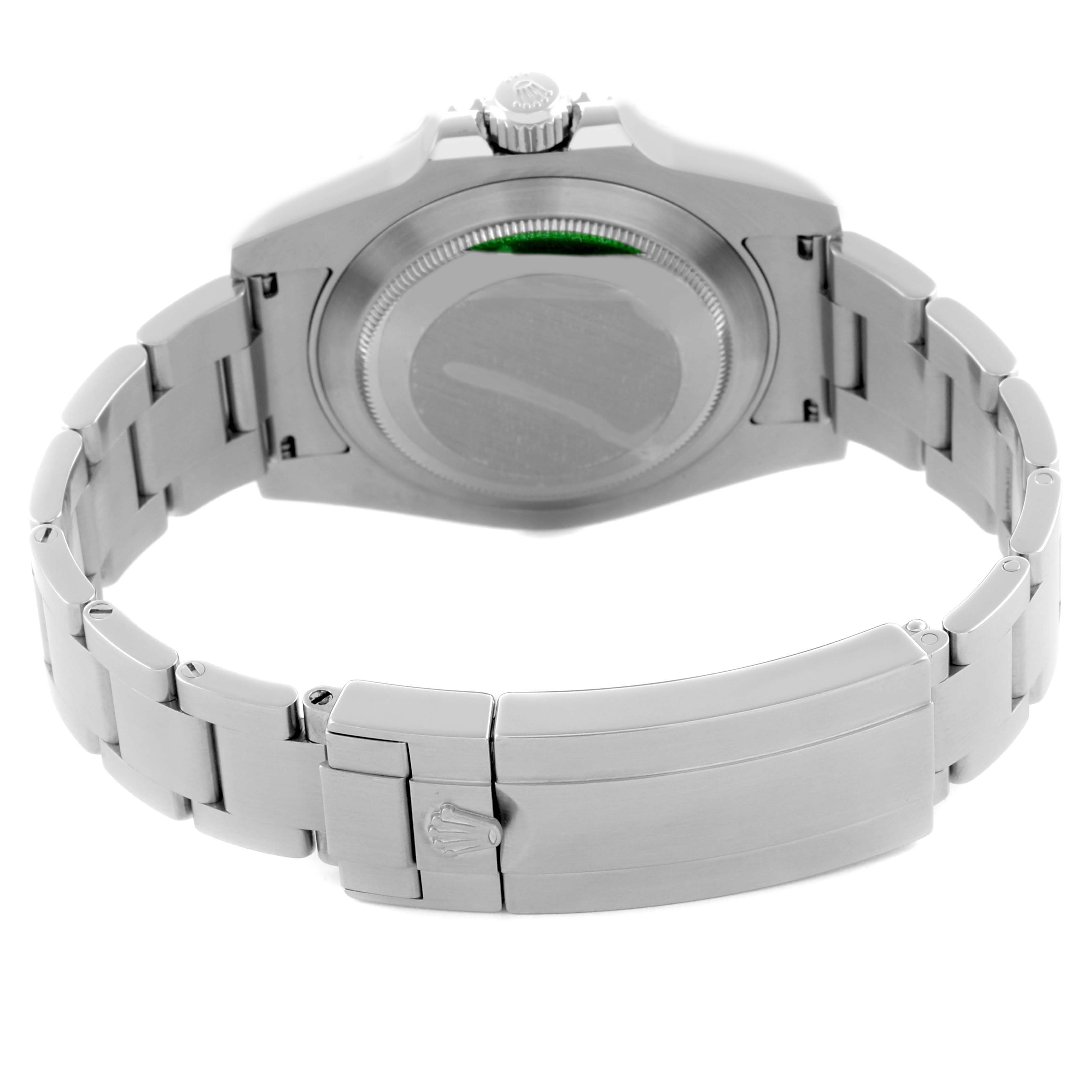 This image shows the back case and bracelet clasp of the Rolex Submariner 116610LV Men's Stainless Steel Green Dial 116610LV Men's Stainless Steel Green Dial watch.