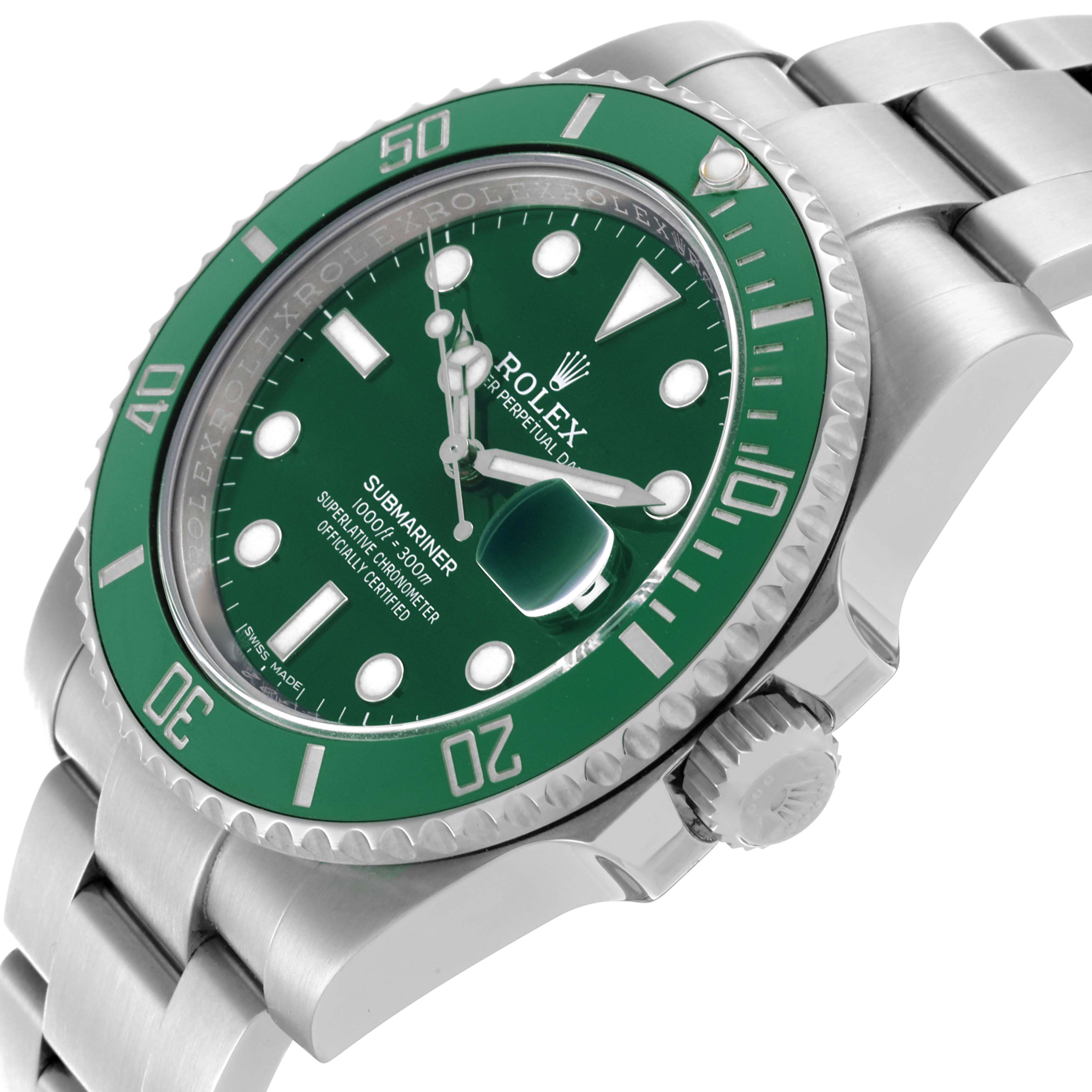 The Rolex Submariner 116610LV Men's Stainless Steel Green Dial 116610LV Men's Stainless Steel Green Dial watch is shown at a three-quarter angle, featuring its bezel, dial, case, and part of the bracelet.