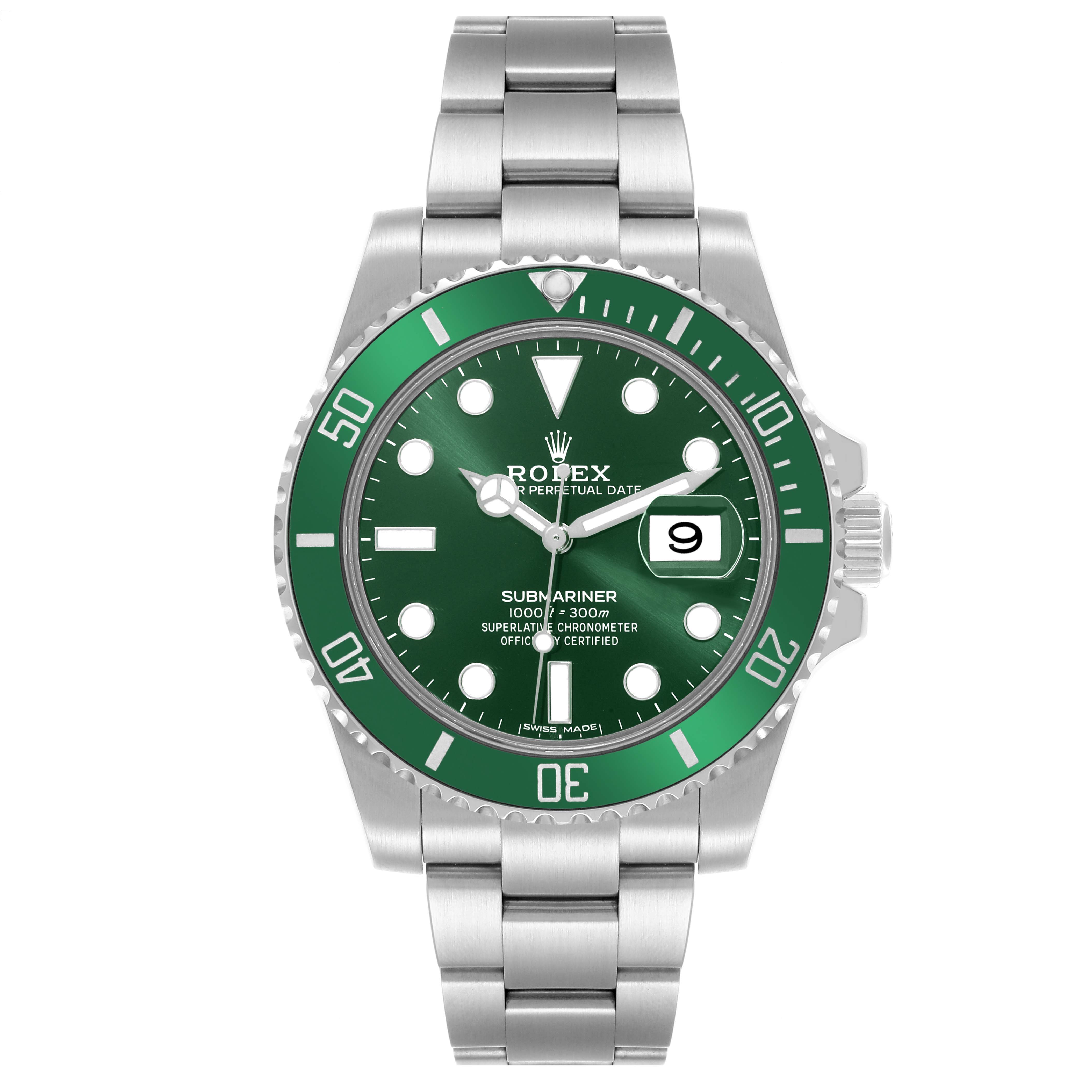 The Rolex Submariner 116610LV Men's Stainless Steel Green Dial 116610LV Men's Stainless Steel Green Dial is shown from the front, displaying the dial, bezel, bracelet, and crown.