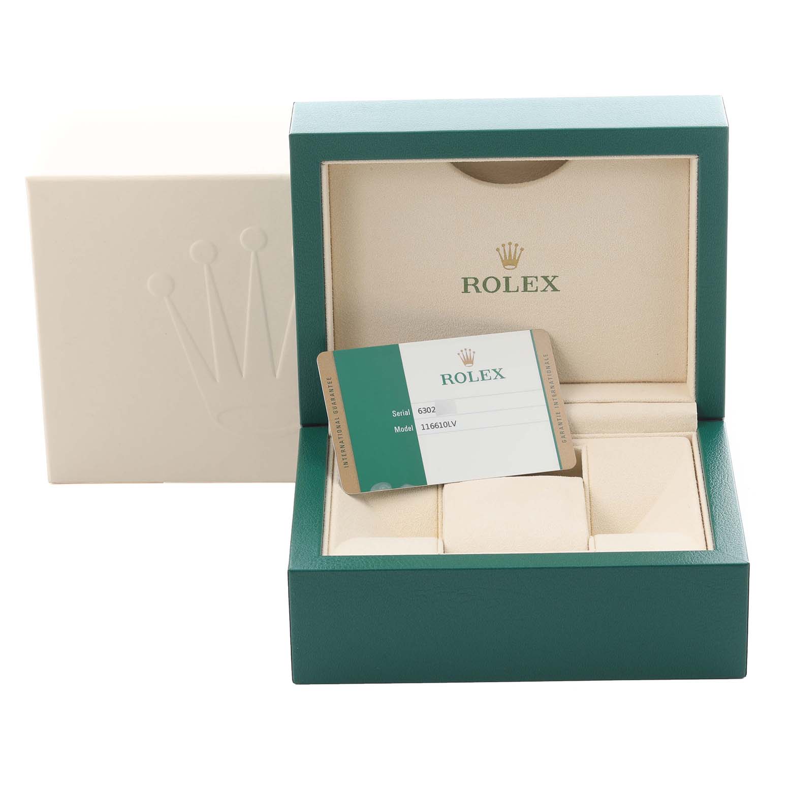 The image shows a Rolex Submariner 116610LV Men's Stainless Steel Green Dial 116610LV Men's Stainless Steel Green Dial watch box open with a model card, displaying the interior and exterior packaging.