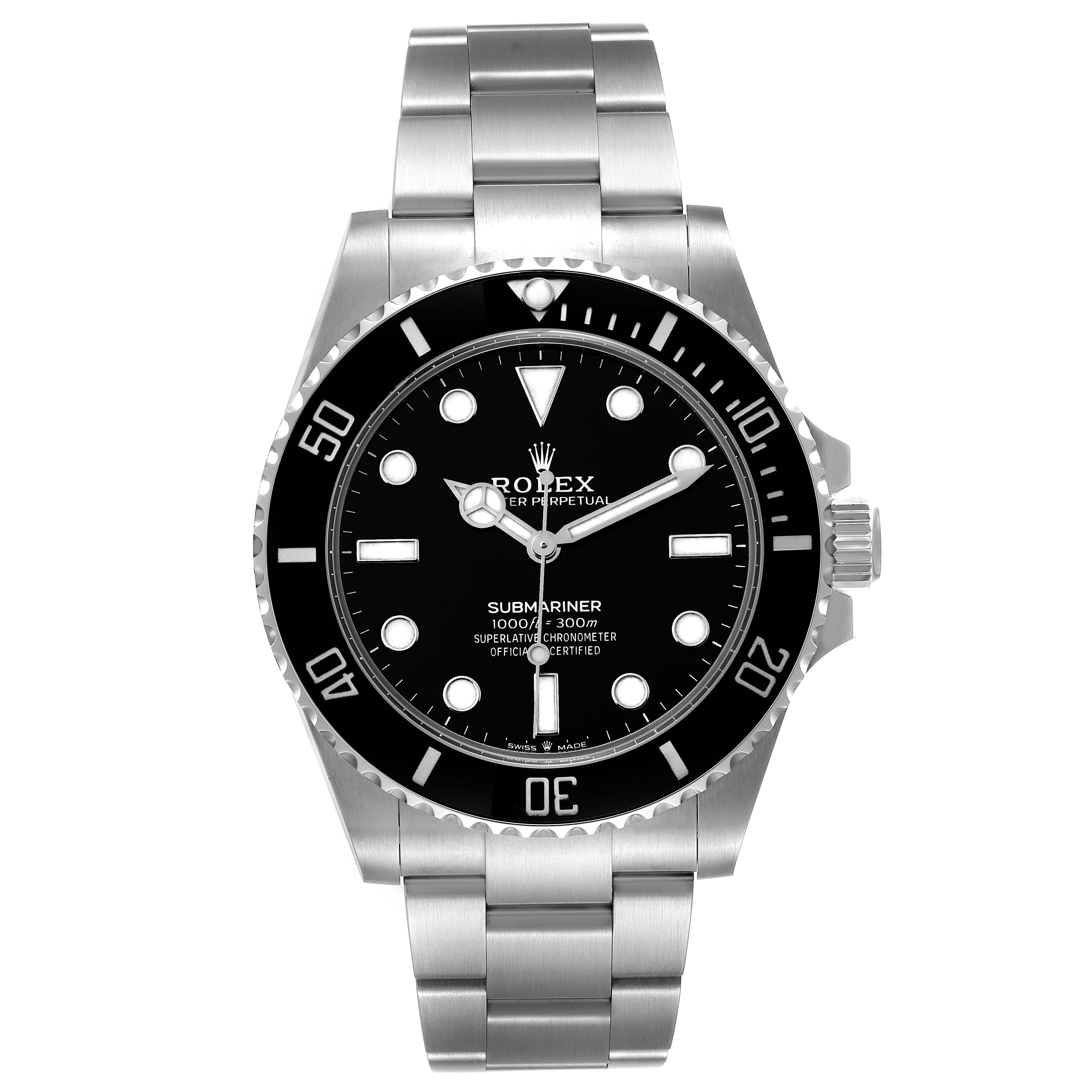 This image shows a front view of a Rolex Submariner 124060 Men
s Stainless Steel Black Dial 124060 Men
s Stainless Steel Black Dial watch, displaying its face, bezel, and bracelet.