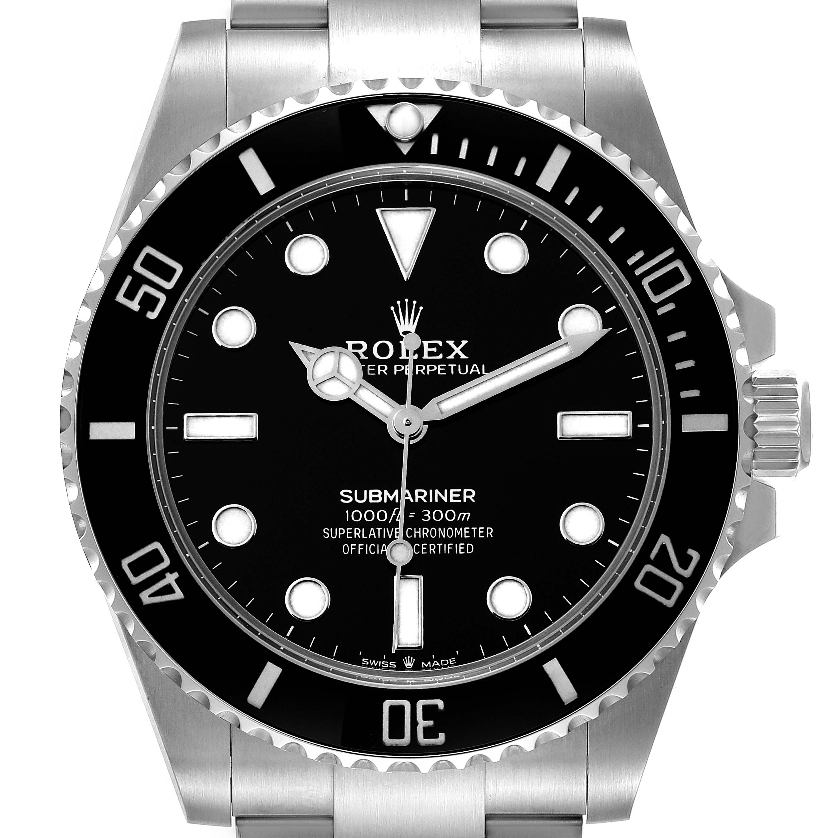 The image shows a Rolex Submariner 124060 Men
s Stainless Steel Black Dial 124060 Men
s Stainless Steel Black Dial watch from a top-down angle, highlighting its black dial, bezel, and stainless steel bracelet.
