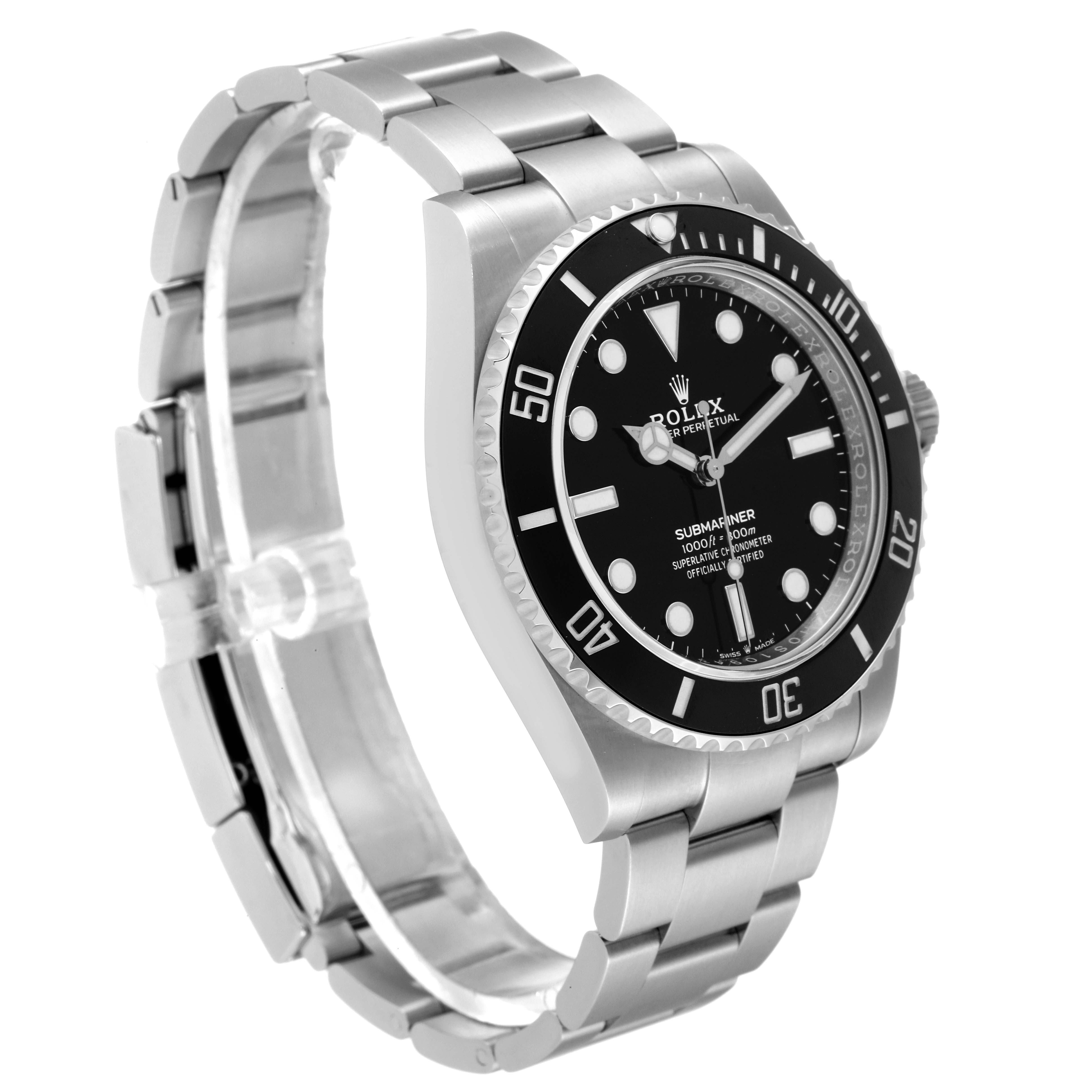 The Rolex Submariner 124060 Men
s Stainless Steel Black Dial 124060 Men
s Stainless Steel Black Dial watch is shown from a three-quarter angle, displaying its bracelet, bezel, and dial.