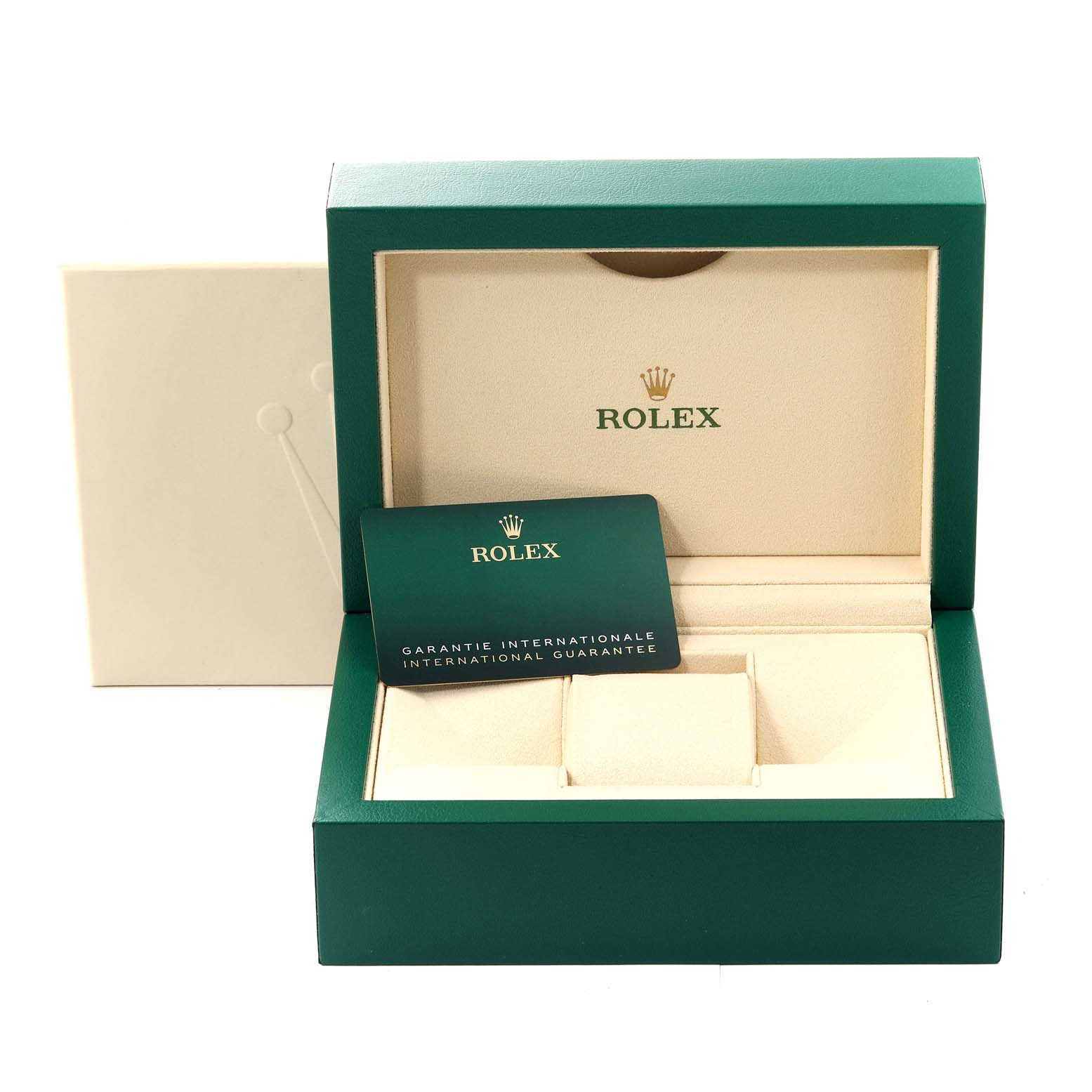The image shows the packaging of a Rolex Submariner 124060 Men
s Stainless Steel Black Dial 124060 Men
s Stainless Steel Black Dial watch with the watch box and international guarantee card.