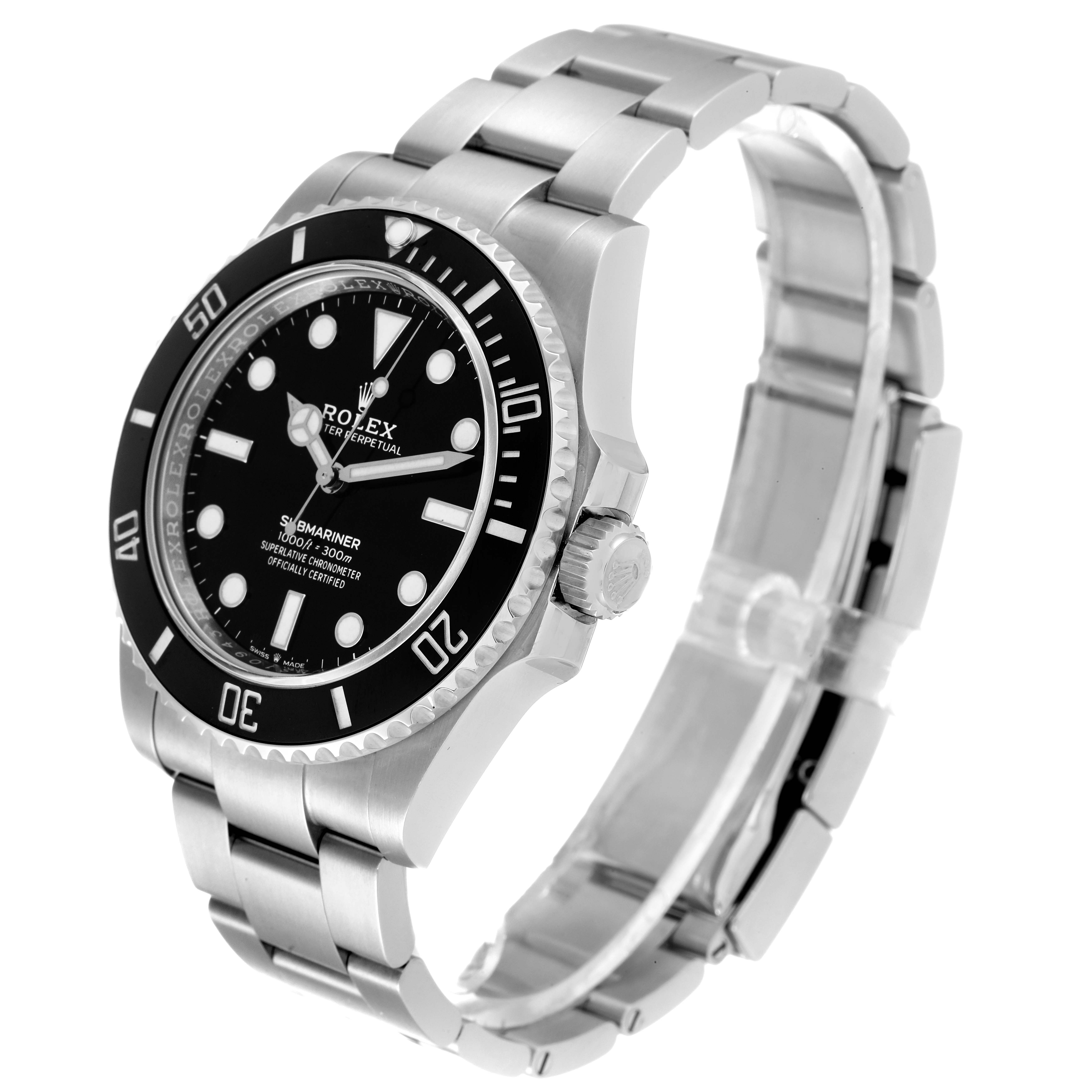 This image shows a side-angle view of a Rolex Submariner 124060 Men
s Stainless Steel Black Dial 124060 Men
s Stainless Steel Black Dial watch, highlighting the face, bezel, crown, and bracelet.