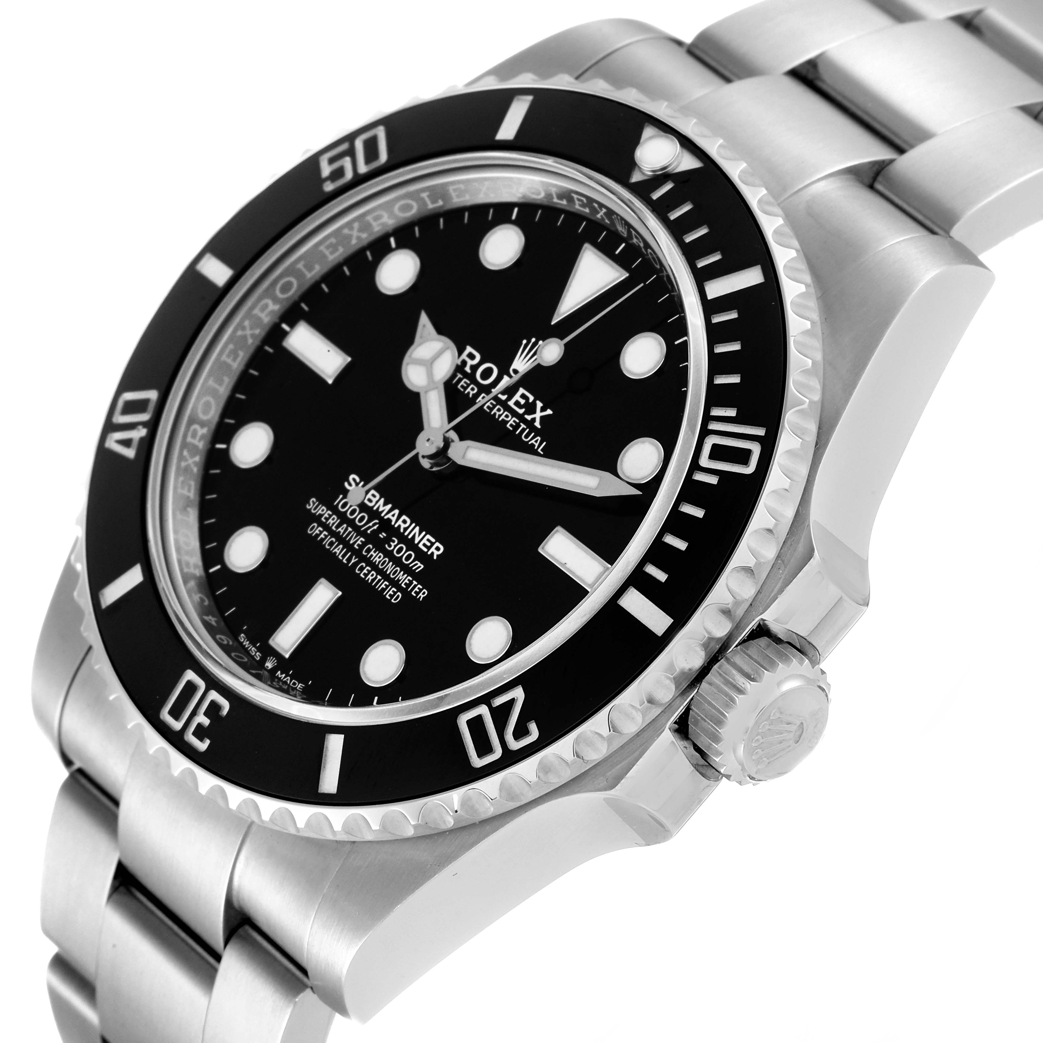 This angled shot shows the dial, bezel, and part of the bracelet of the Rolex Submariner 124060 Men
s Stainless Steel Black Dial 124060 Men
s Stainless Steel Black Dial watch.