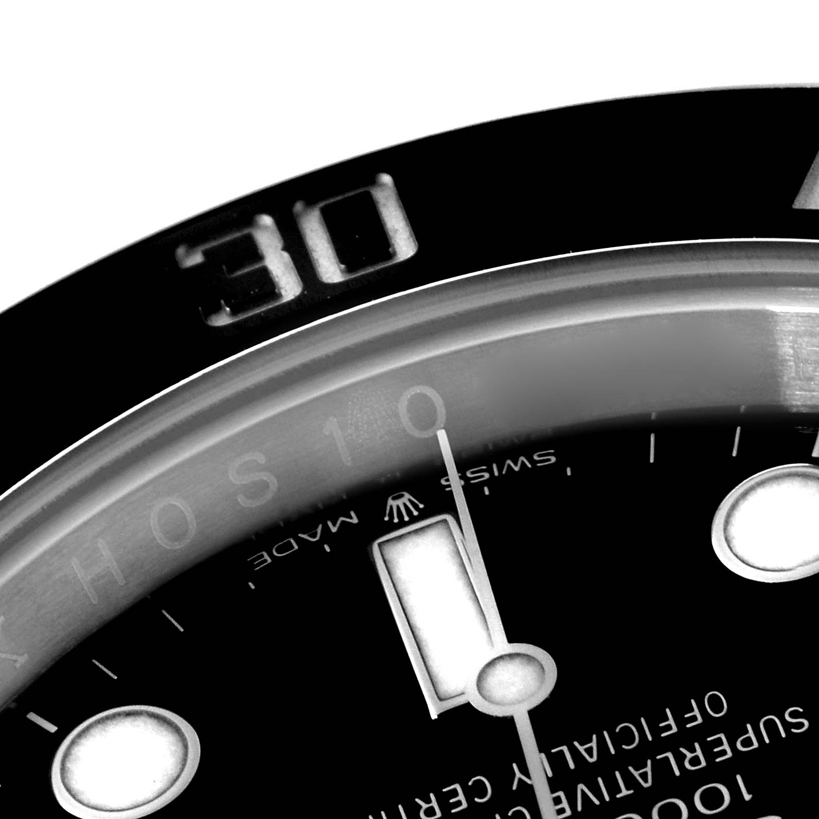 The image shows a close-up of the dial and bezel, including the 30-minute mark, of a Rolex Submariner 124060 Men
s Stainless Steel Black Dial 124060 Men
s Stainless Steel Black Dial watch.