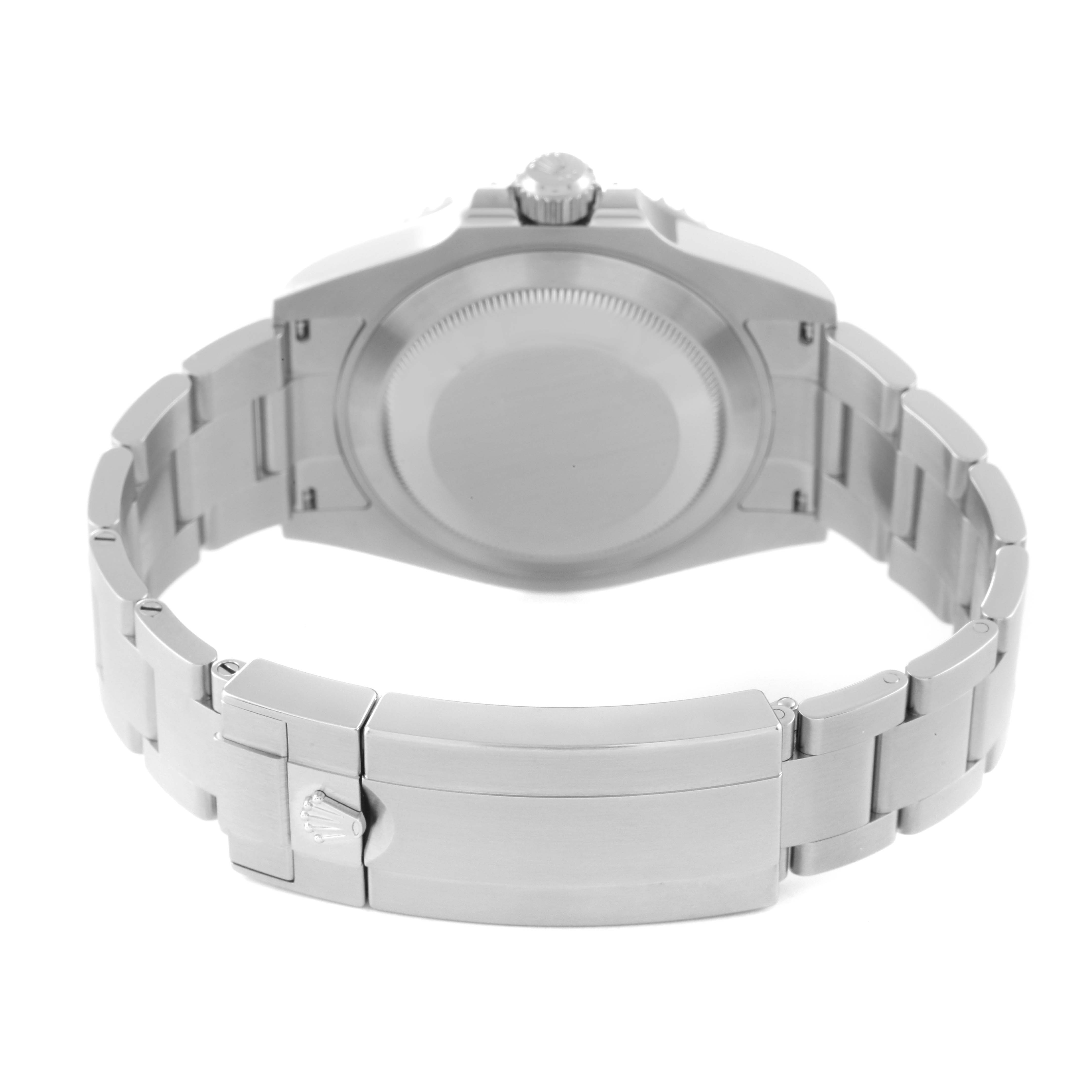 This image shows the back view of a Rolex Submariner 124060 Men
s Stainless Steel Black Dial 124060 Men
s Stainless Steel Black Dial watch, highlighting the clasp, bracelet, and caseback.