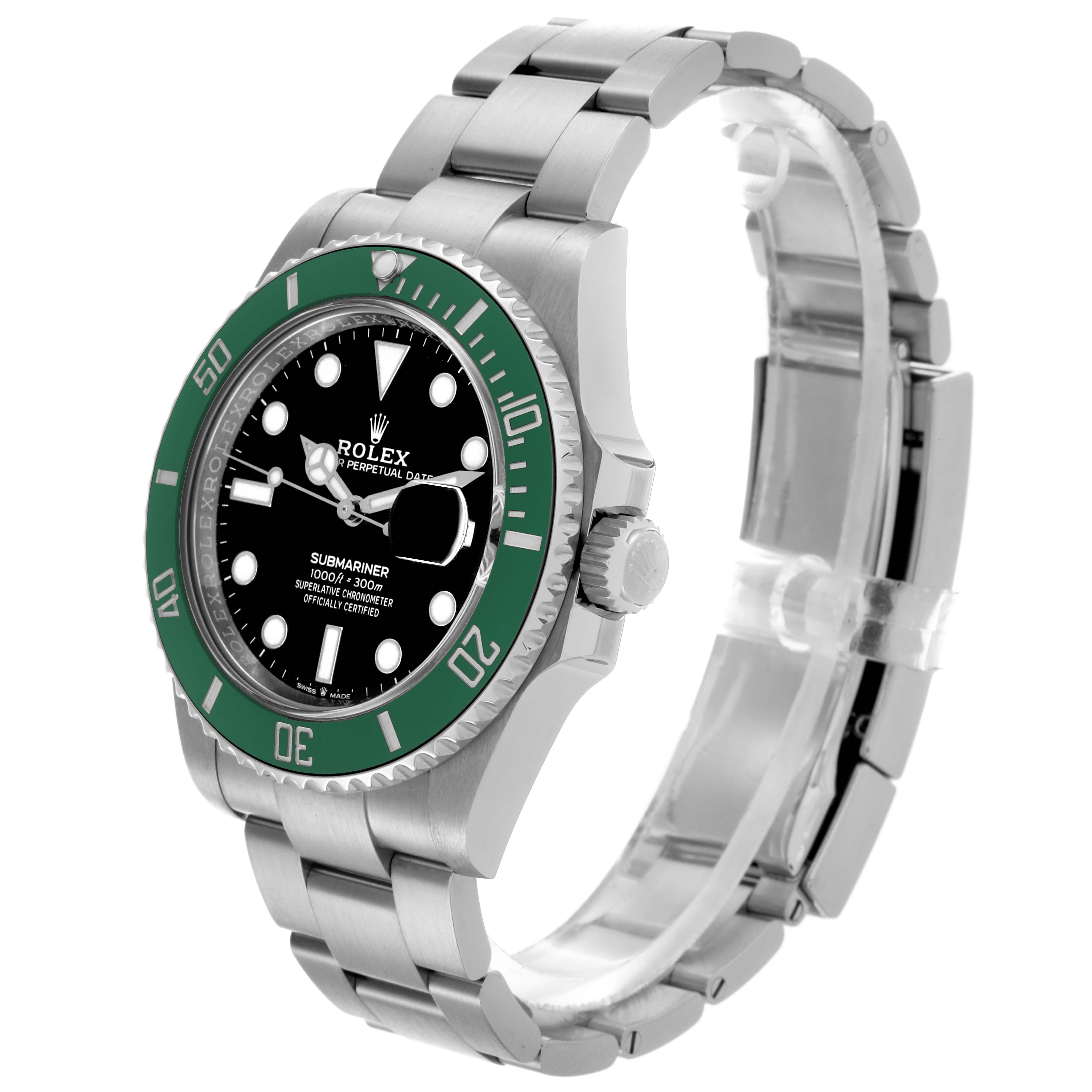 The Rolex Submariner 126610LV Men's Stainless Steel Black Dial 126610LV Men's Stainless Steel Black Dial watch is shown at a three-quarter angle, highlighting the bezel, crown, and bracelet.