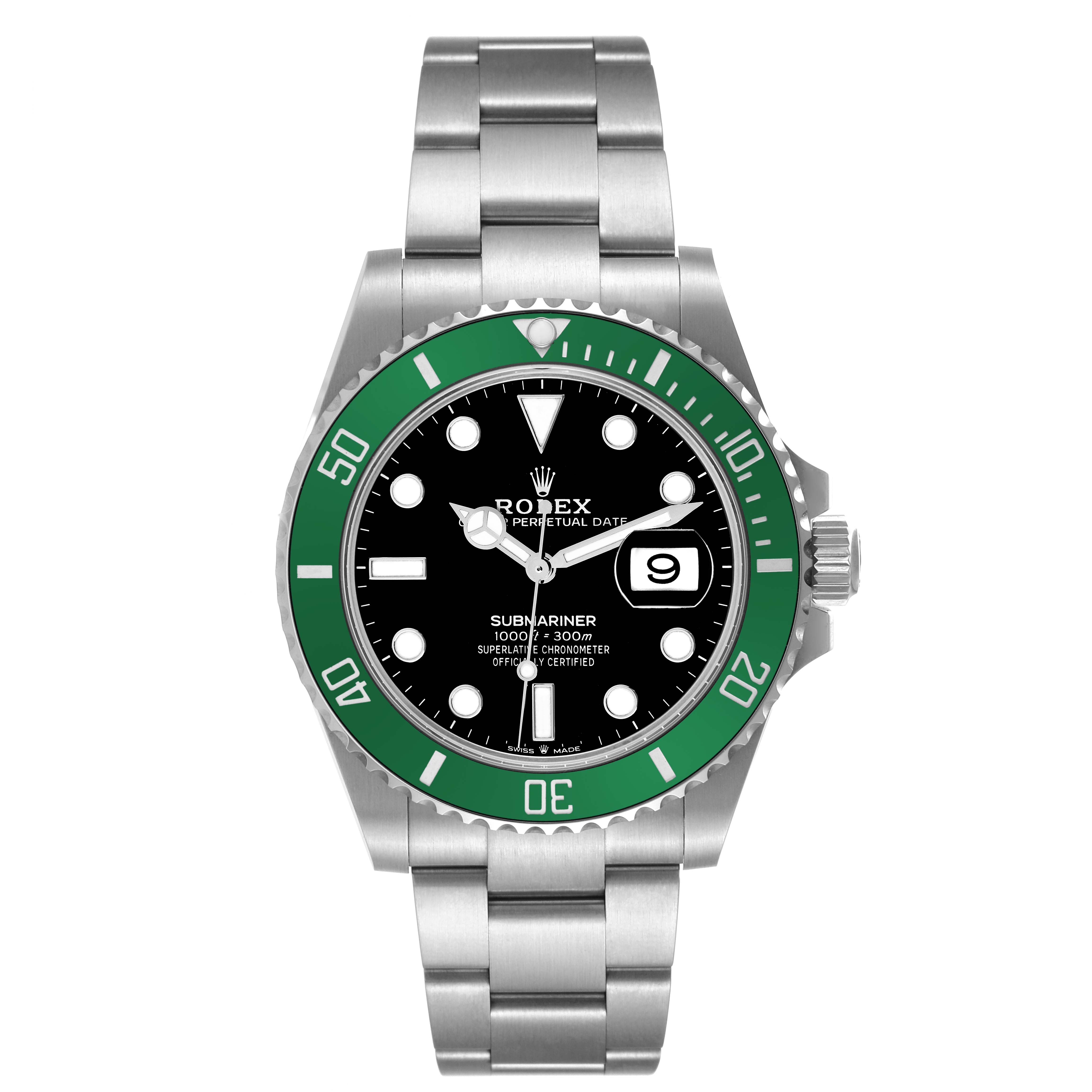The image shows a front view of the Rolex Submariner 126610LV Men's Stainless Steel Black Dial 126610LV Men's Stainless Steel Black Dial watch, featuring its green bezel, black dial, and metal bracelet.