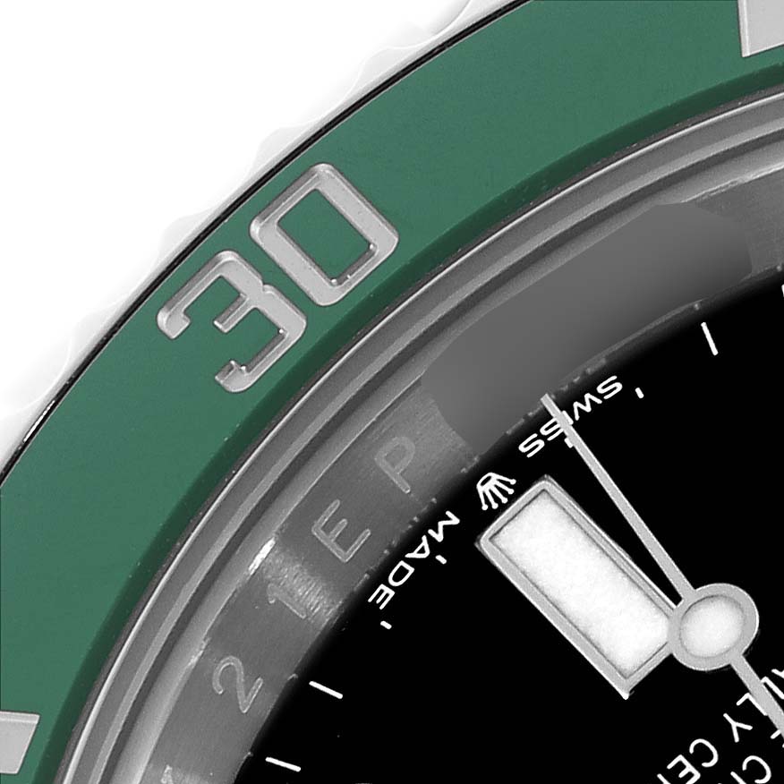The image shows a close-up of the bezel and part of the dial of a Rolex Submariner 126610LV Men's Stainless Steel Black Dial 126610LV Men's Stainless Steel Black Dial watch.