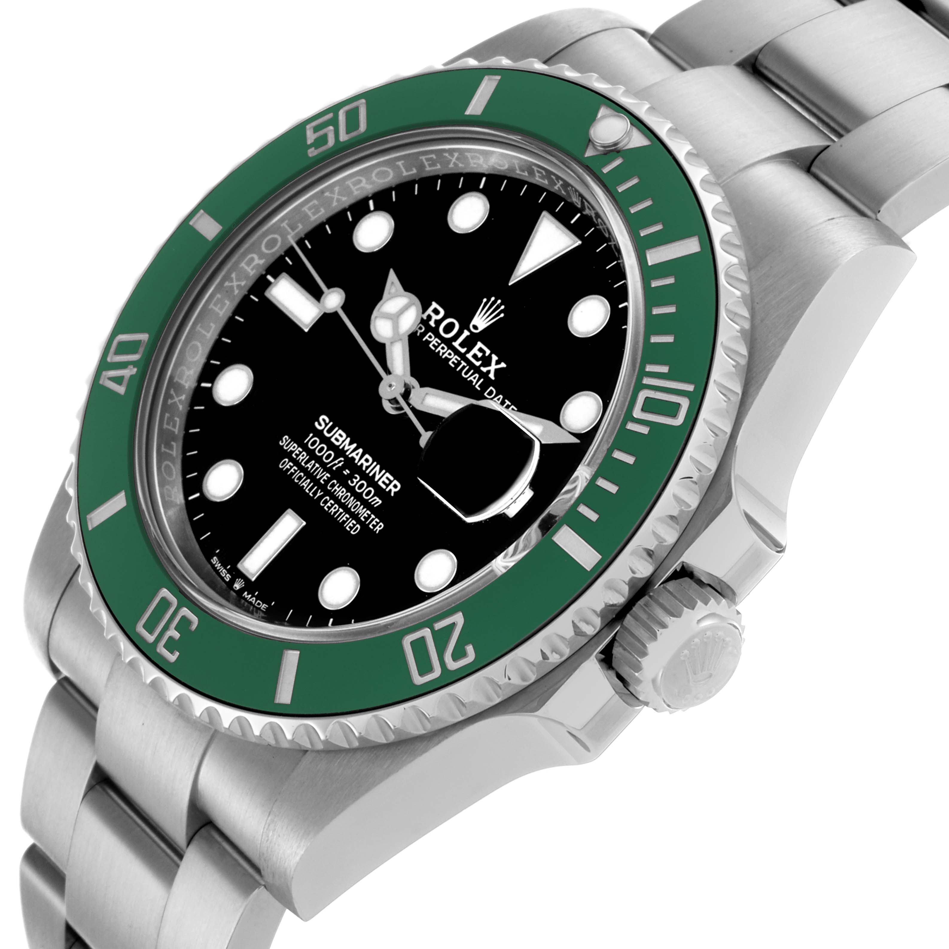 The Rolex Submariner 126610LV Men's Stainless Steel Black Dial 126610LV Men's Stainless Steel Black Dial watch is shown at an angle highlighting the dial, bezel, crown, and part of the bracelet.