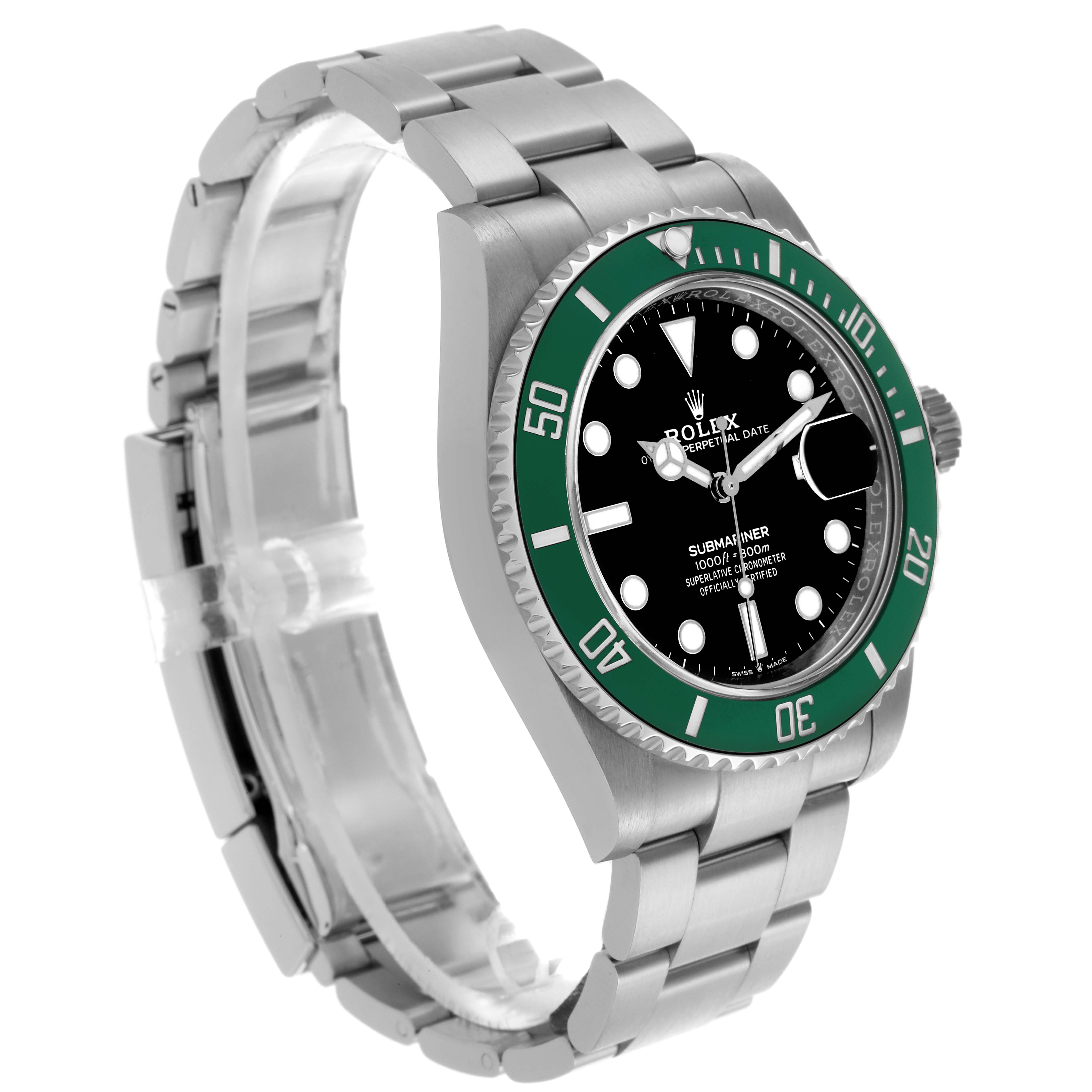 The Rolex Submariner 126610LV Men's Stainless Steel Black Dial 126610LV Men's Stainless Steel Black Dial is shown at a slight angle, displaying the face, bezel, crown, and partially extended bracelet.