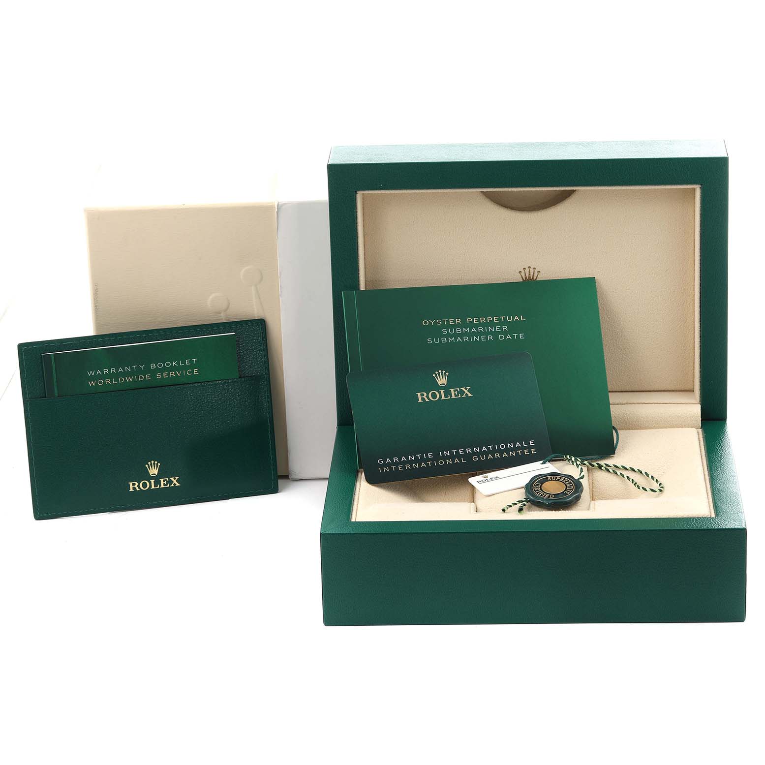 The image shows a Rolex Submariner 126610LV Men's Stainless Steel Black Dial 126610LV Men's Stainless Steel Black Dial watch box with warranty booklets, an international guarantee card, and tags.