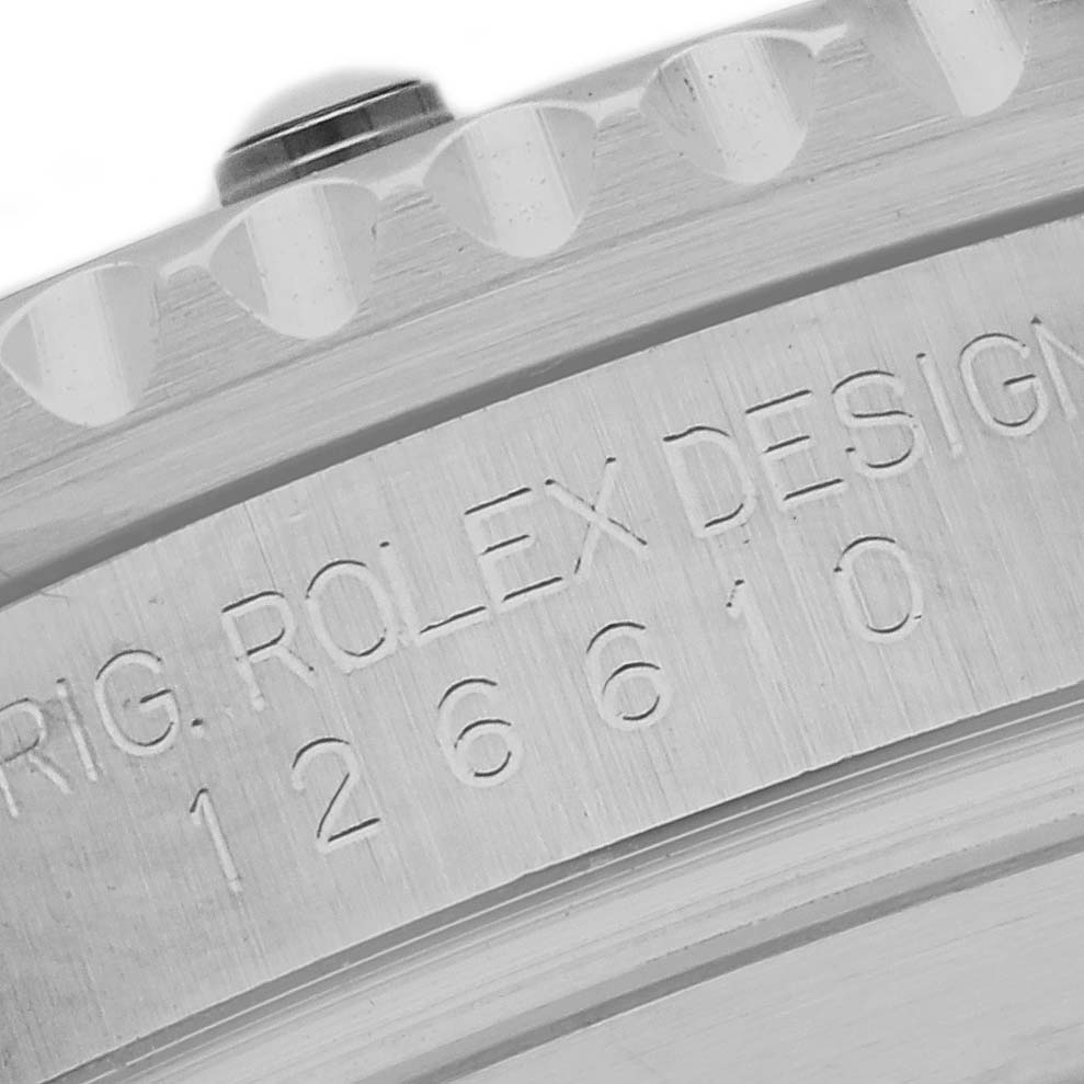 The image shows a close-up of the engraved model and design details on the side of a Rolex Submariner 126610LV Men's Stainless Steel Black Dial 126610LV Men's Stainless Steel Black Dial watch bezel.