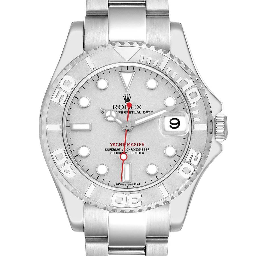 The Rolex Yacht-Master watch is shown from the front, displaying its face, bezel, and bracelet.