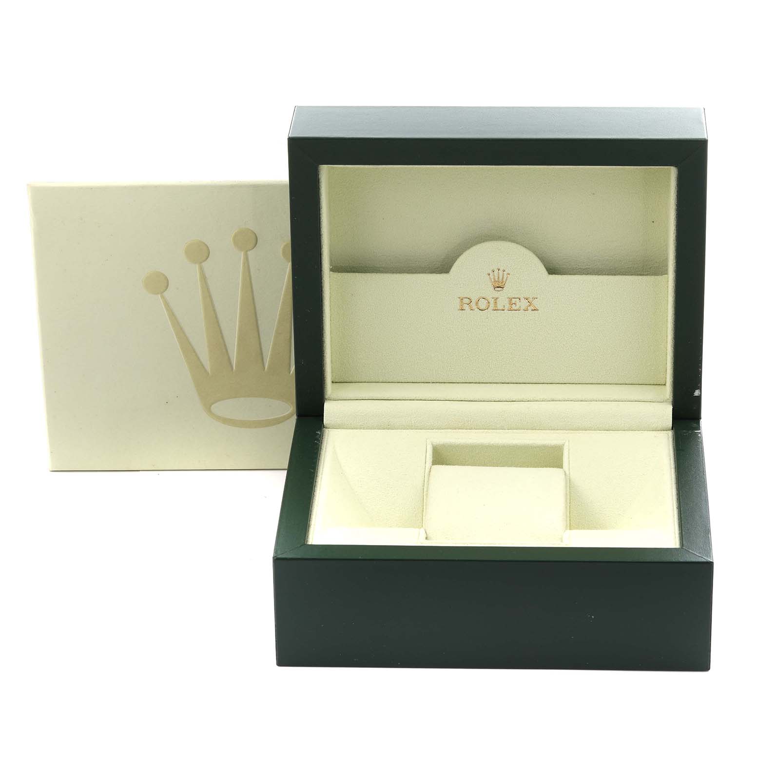 The image shows an open Rolex Yacht-Master 168622 Men's Stainless Steel Grey Dial 168622 Men's Stainless Steel Grey Dial watch box, displaying its interior with a branded cushion.