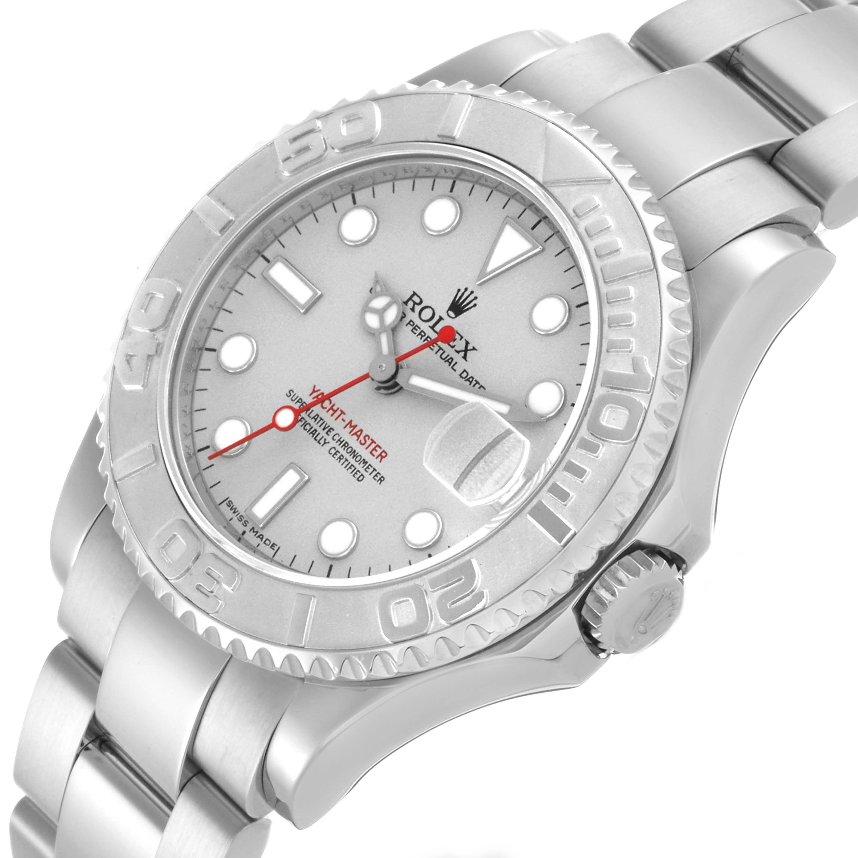 The Rolex Yacht-Master 168622 Men's Stainless Steel Grey Dial 168622 Men's Stainless Steel Grey Dial watch is shown at an angled top-down view, highlighting the face, bezel, and bracelet.