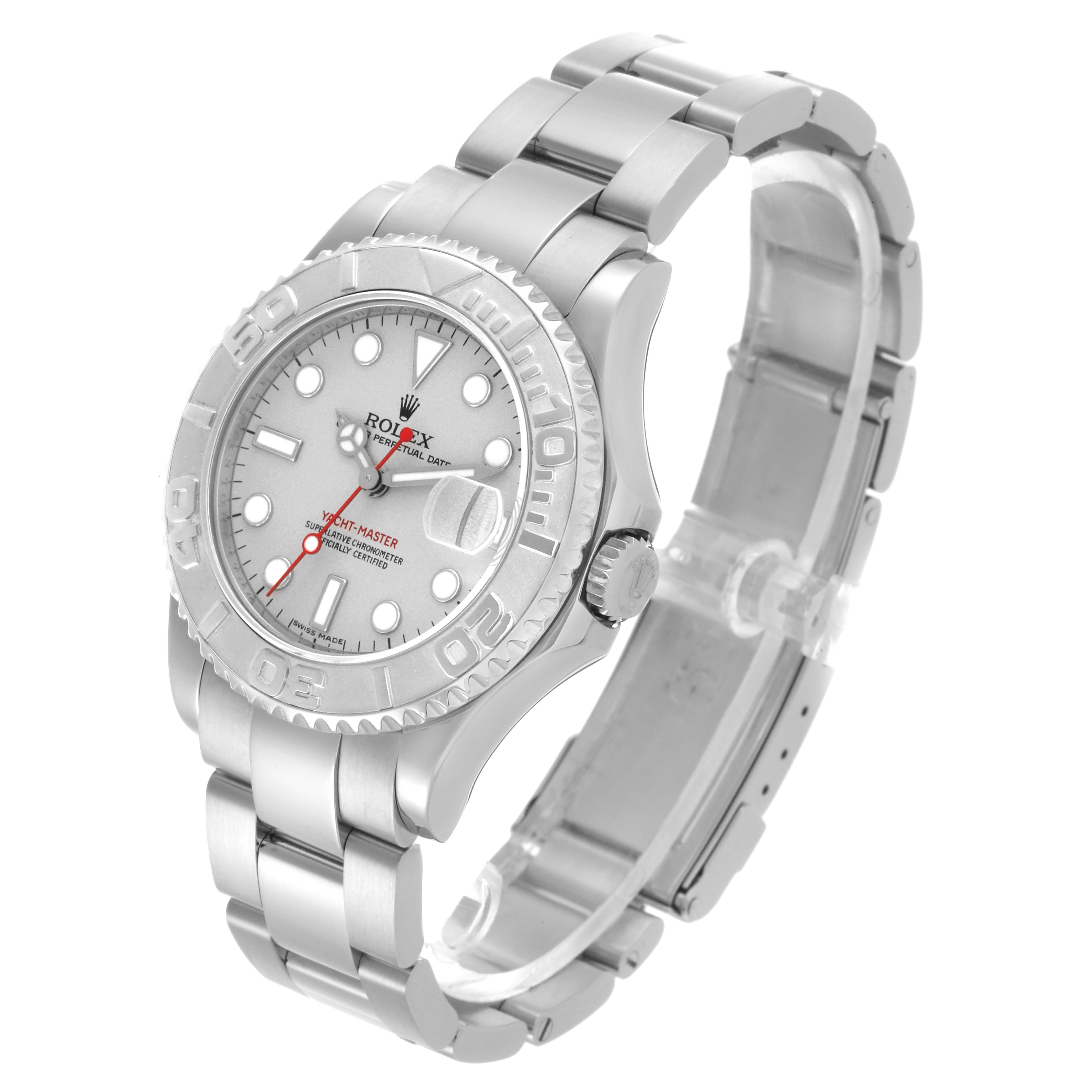 The Rolex Yacht-Master 168622 Men's Stainless Steel Grey Dial 168622 Men's Stainless Steel Grey Dial watch is shown from a three-quarter angle displaying the face, bezel, and bracelet.