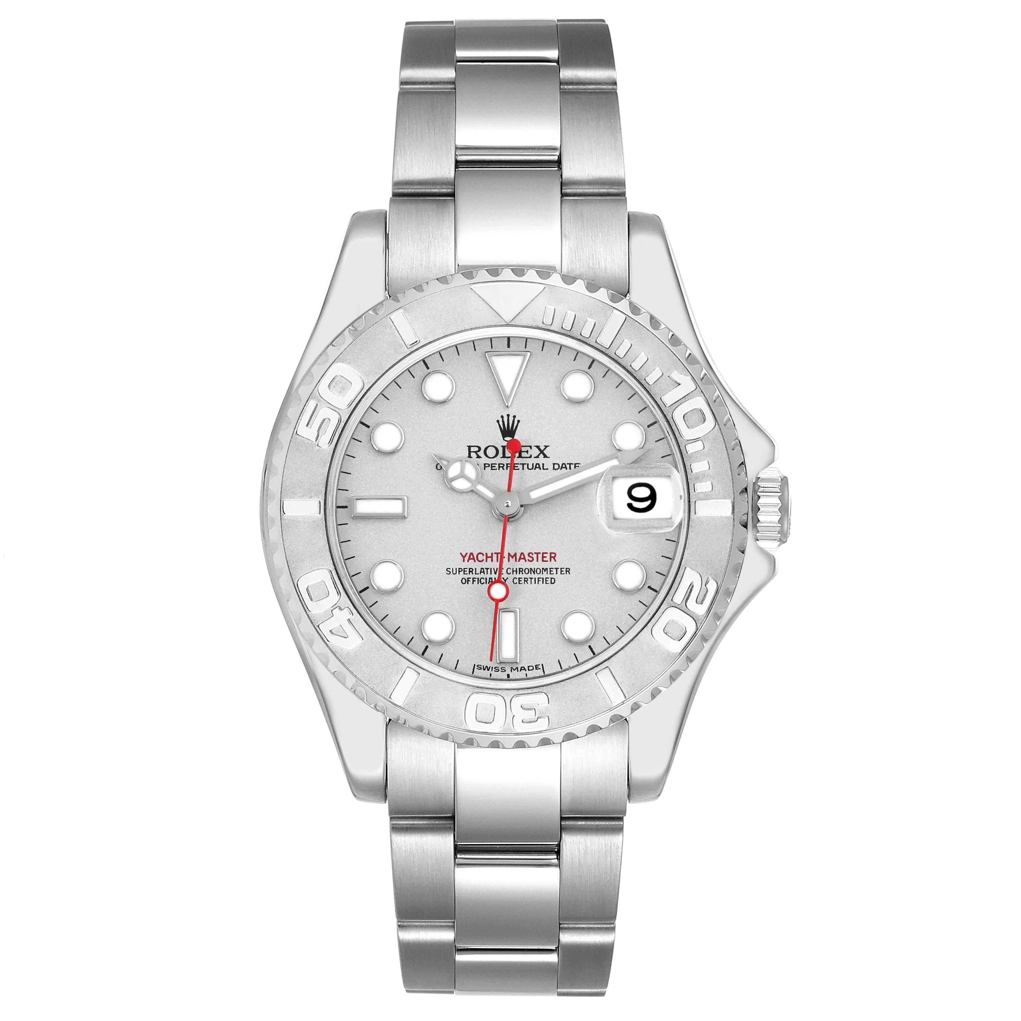The Rolex Yacht-Master 168622 Men's Stainless Steel Grey Dial 168622 Men's Stainless Steel Grey Dial watch is shown from a top-down angle, displaying its face, bezel, and bracelet.