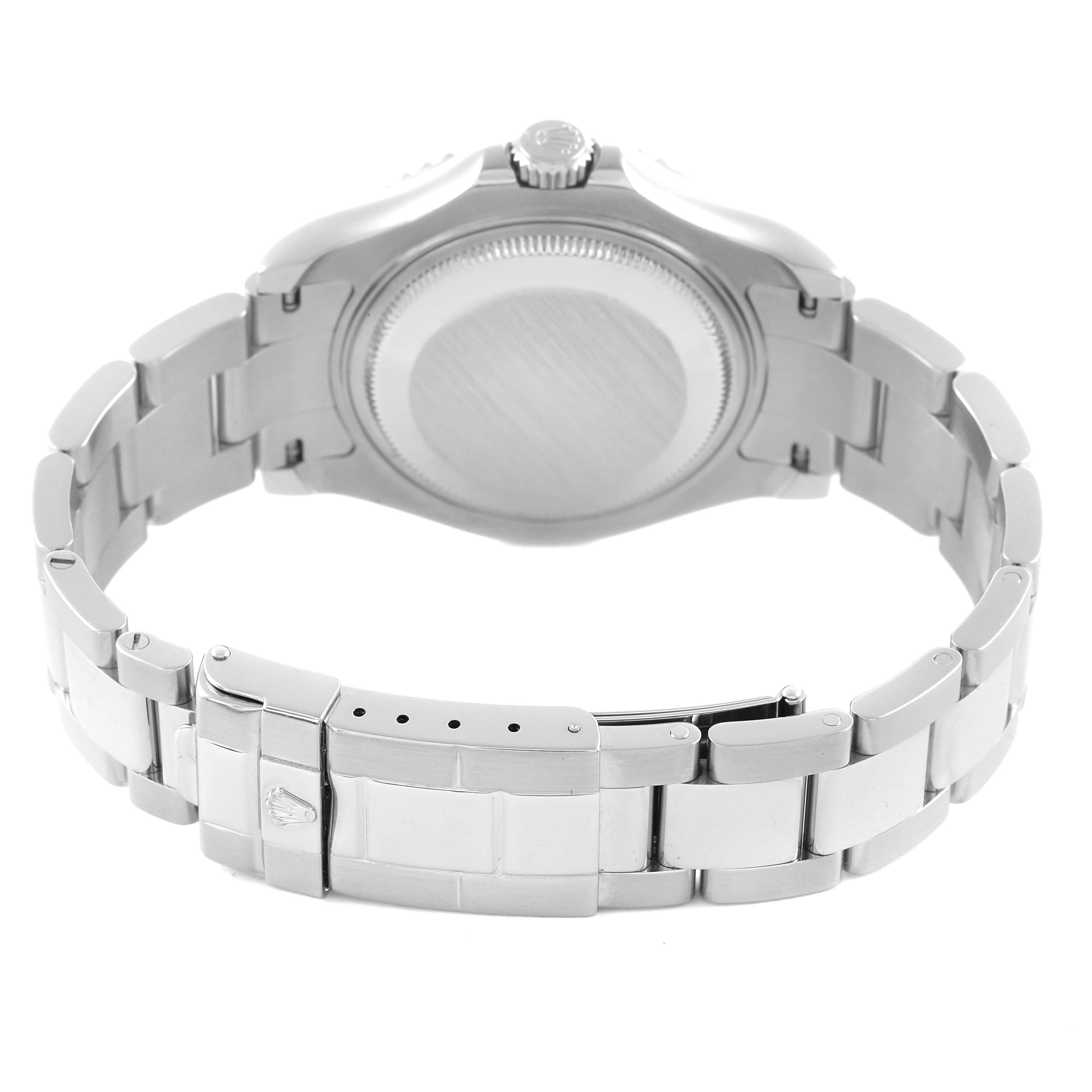 The image shows the back view of a Rolex Yacht-Master 168622 Men's Stainless Steel Grey Dial 168622 Men's Stainless Steel Grey Dial, highlighting the case back and bracelet clasp.