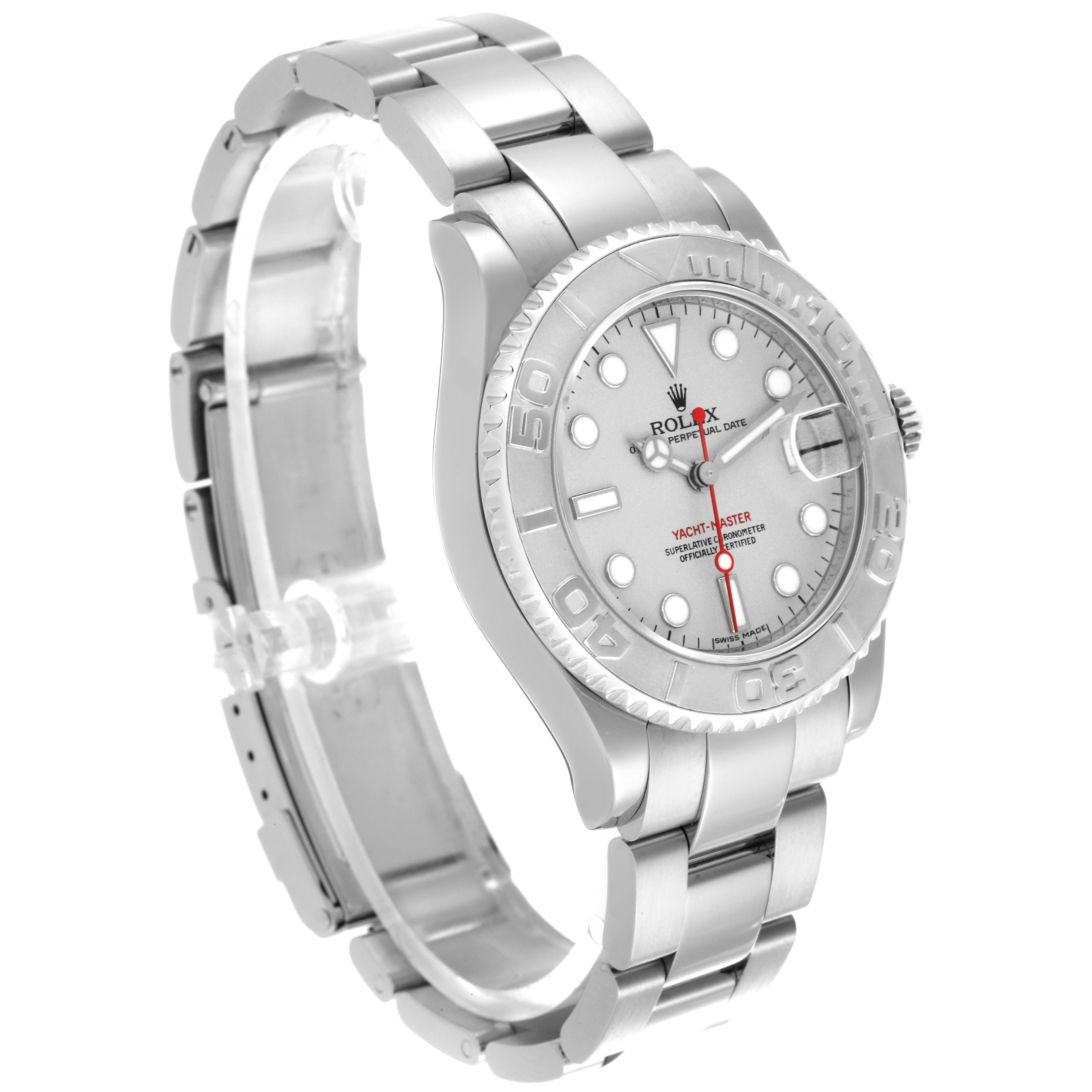 The Rolex Yacht-Master 168622 Men's Stainless Steel Grey Dial 168622 Men's Stainless Steel Grey Dial is shown at an angle displaying the bracelet, bezel, and dial clearly.