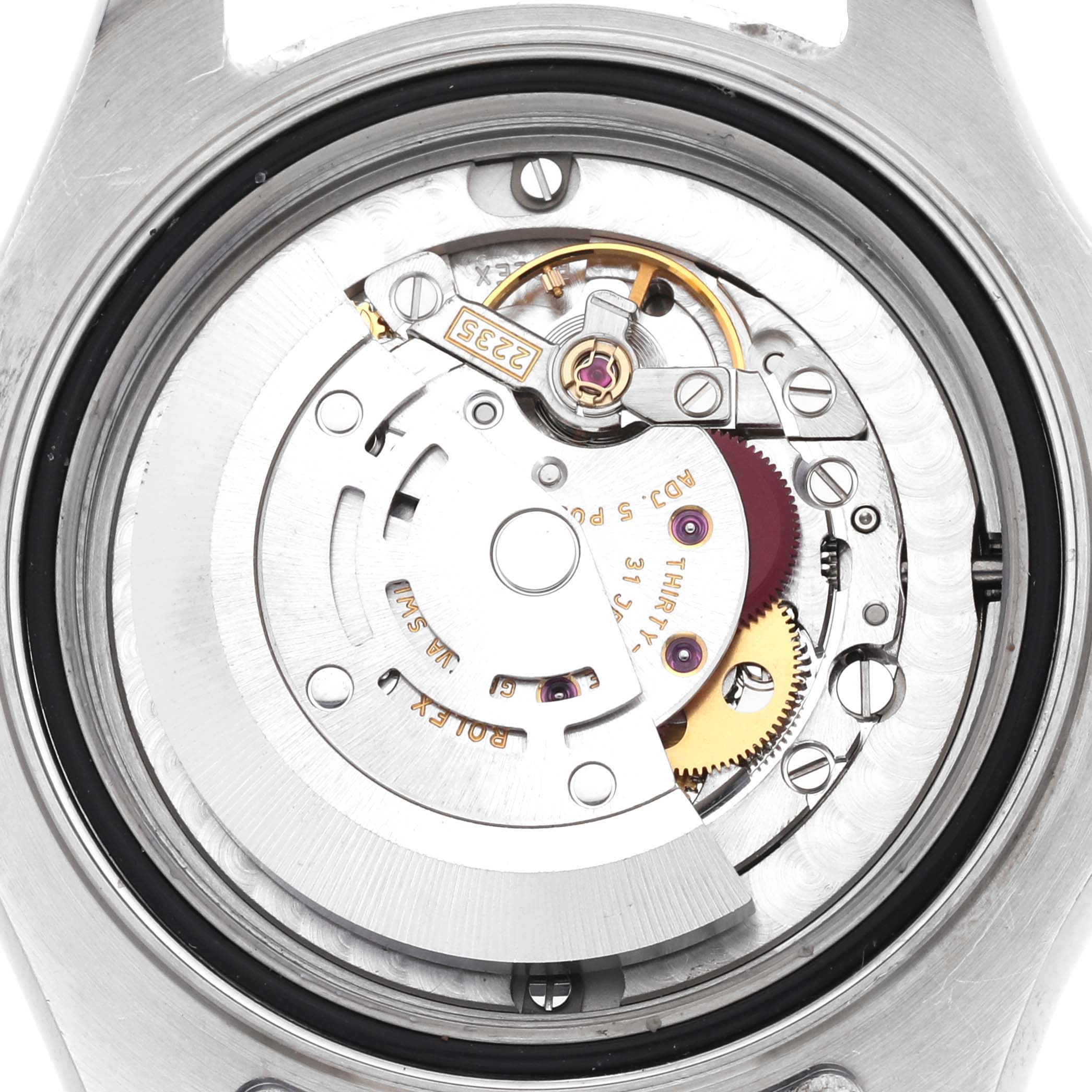 The image shows the movement and inner mechanism of a Rolex Yacht-Master 168622 Men's Stainless Steel Grey Dial 168622 Men's Stainless Steel Grey Dial watch, viewed from the rear.