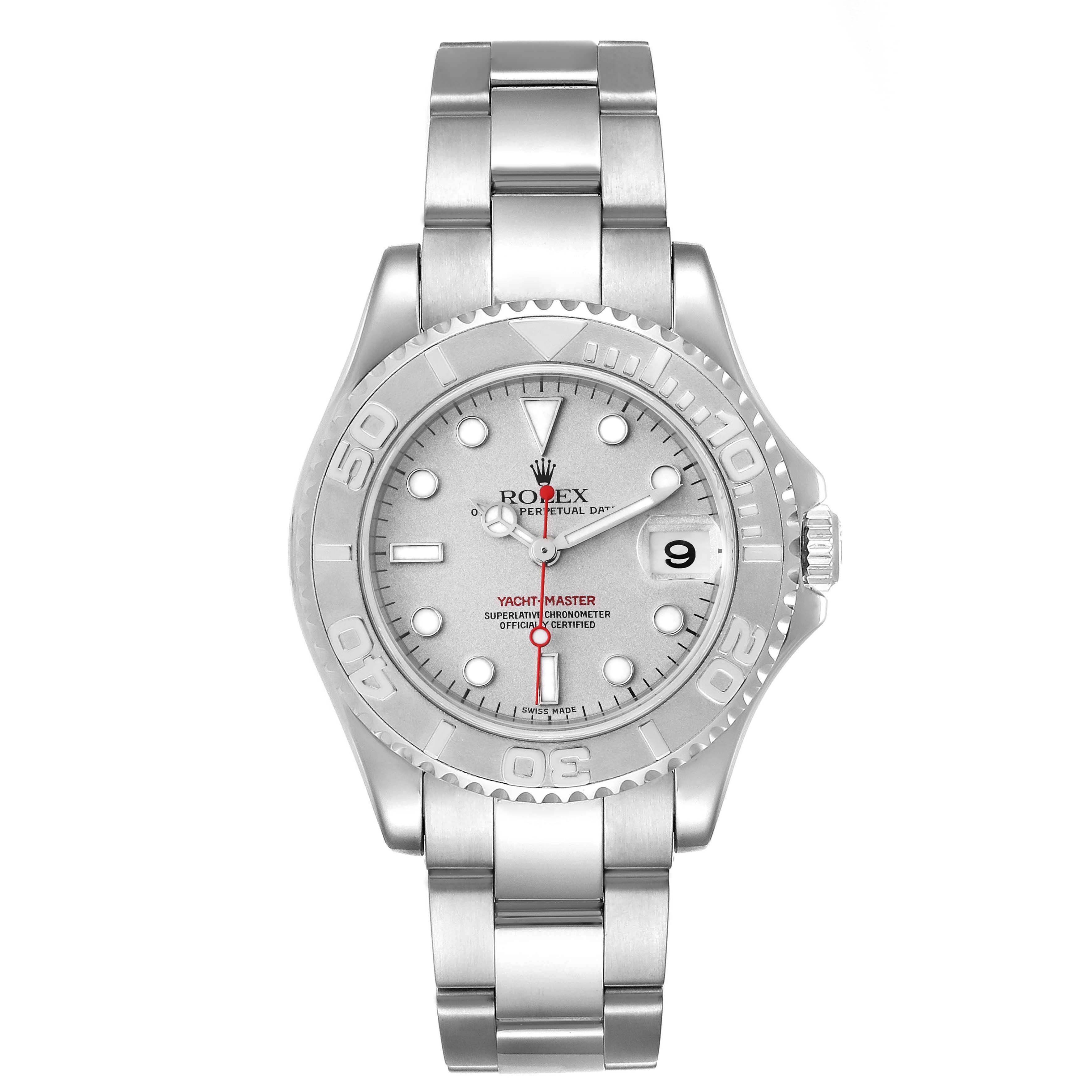 The image shows a front view of the Rolex Yacht-Master 168622 Men
s Stainless Steel Silver Dial 168622 Men
s Stainless Steel Silver Dial watch, displaying the face, bezel, bracelet, and crown.