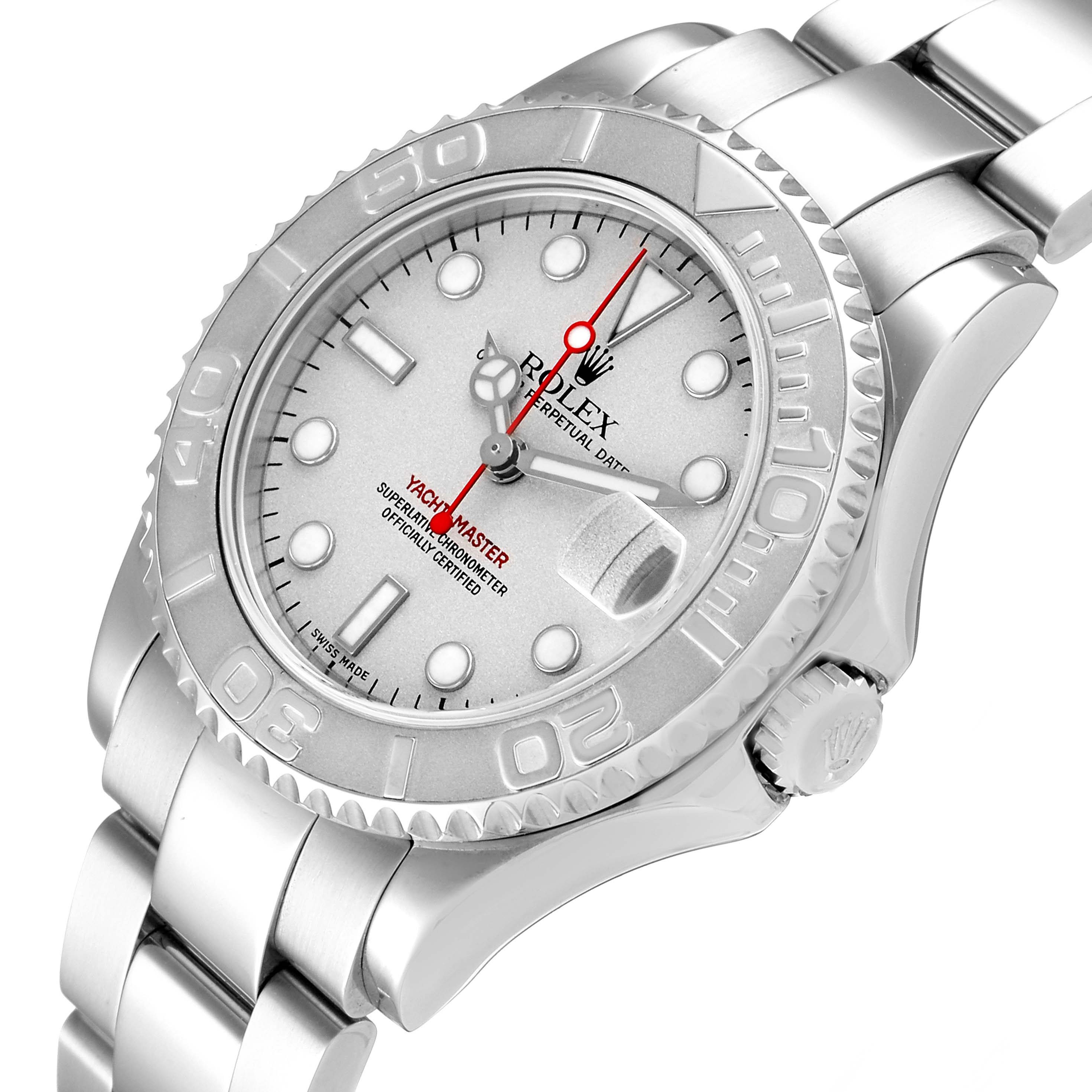 This image shows a close-up of the dial, bezel, crown, and part of the bracelet of a Rolex Yacht-Master 168622 Men
s Stainless Steel Silver Dial 168622 Men
s Stainless Steel Silver Dial watch.