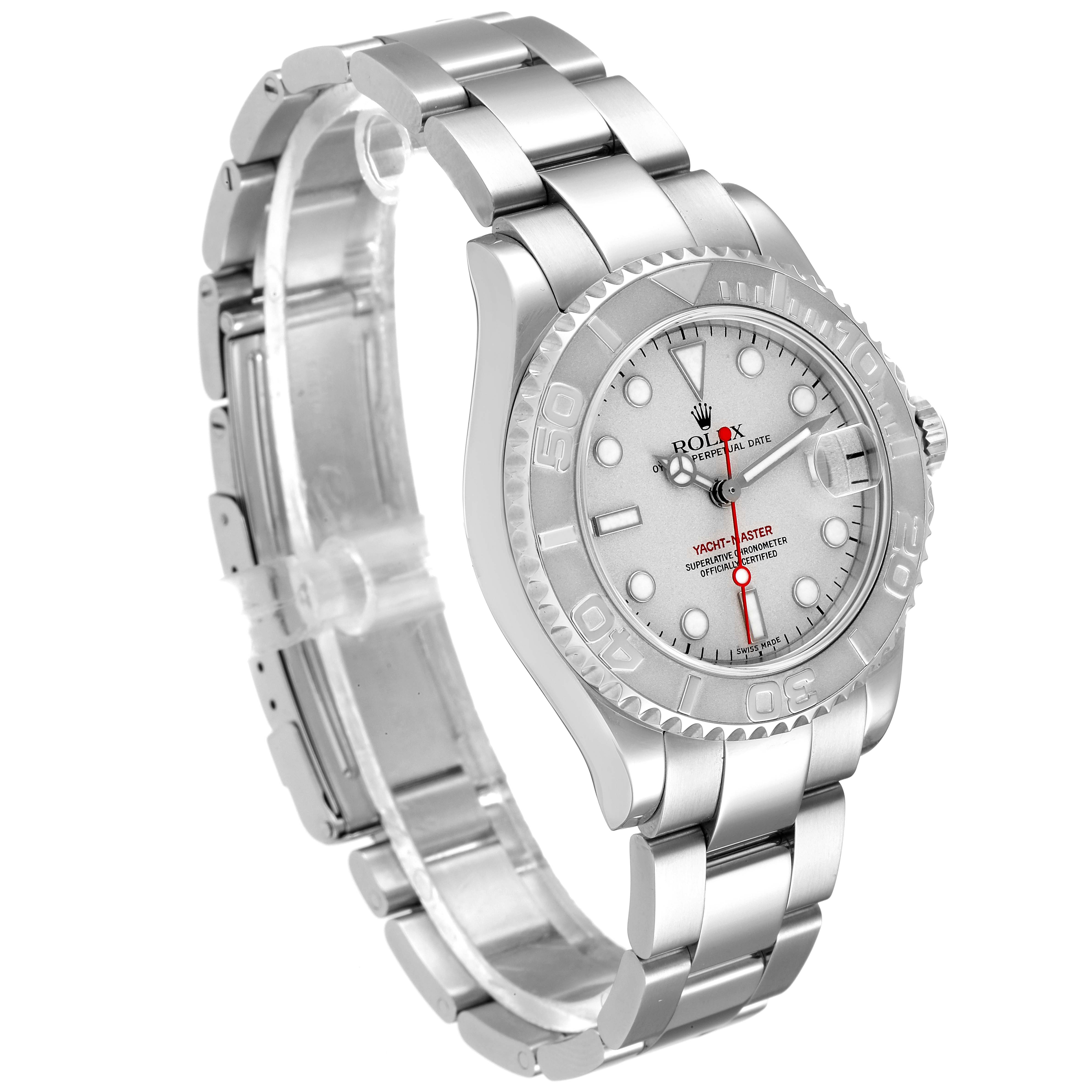 The Rolex Yacht-Master 168622 Men
s Stainless Steel Silver Dial 168622 Men
s Stainless Steel Silver Dial watch is shown at an angle displaying the face, bezel, and stainless steel bracelet.