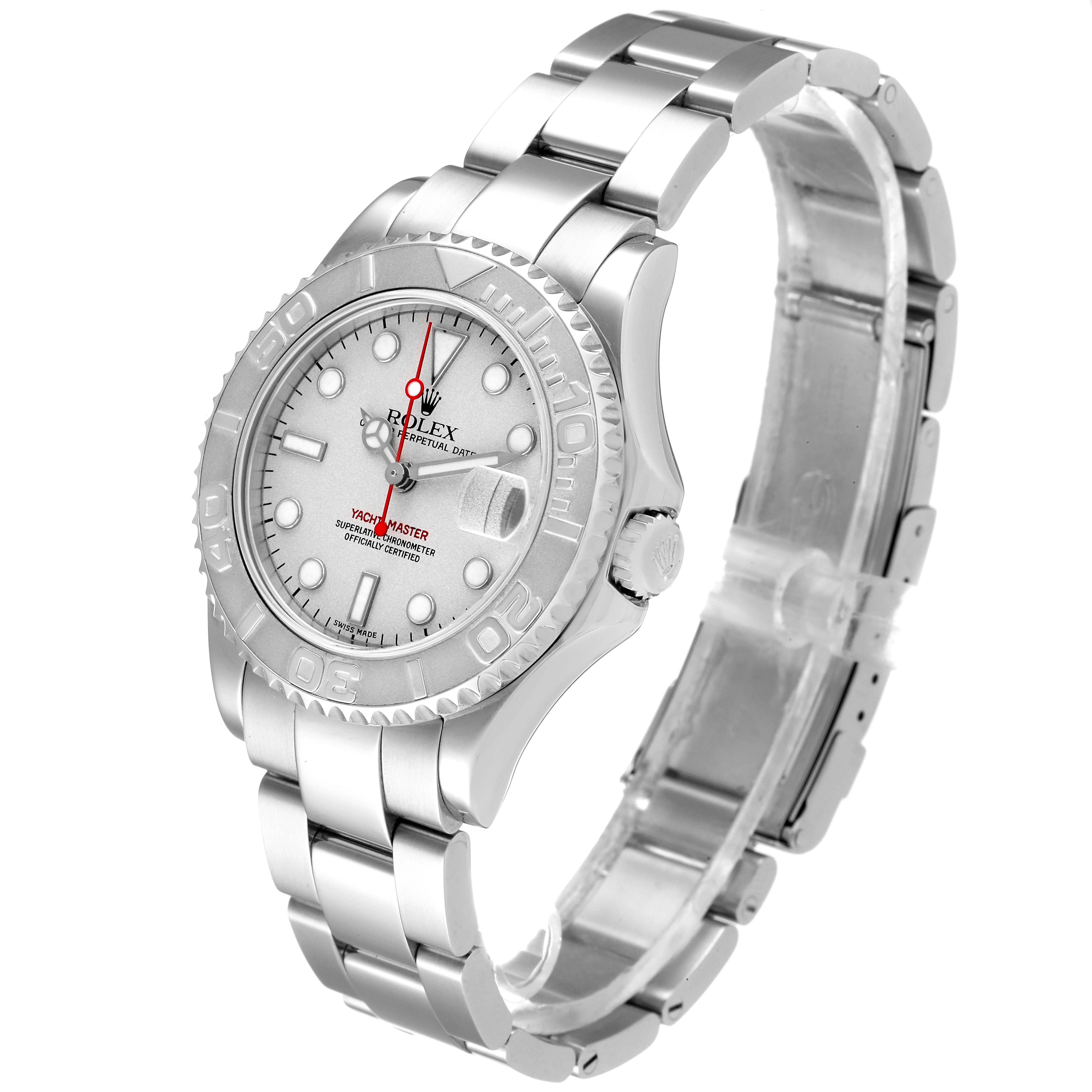 The image shows a Rolex Yacht-Master 168622 Men
s Stainless Steel Silver Dial 168622 Men
s Stainless Steel Silver Dial watch from a front angle, highlighting the face and metal band.