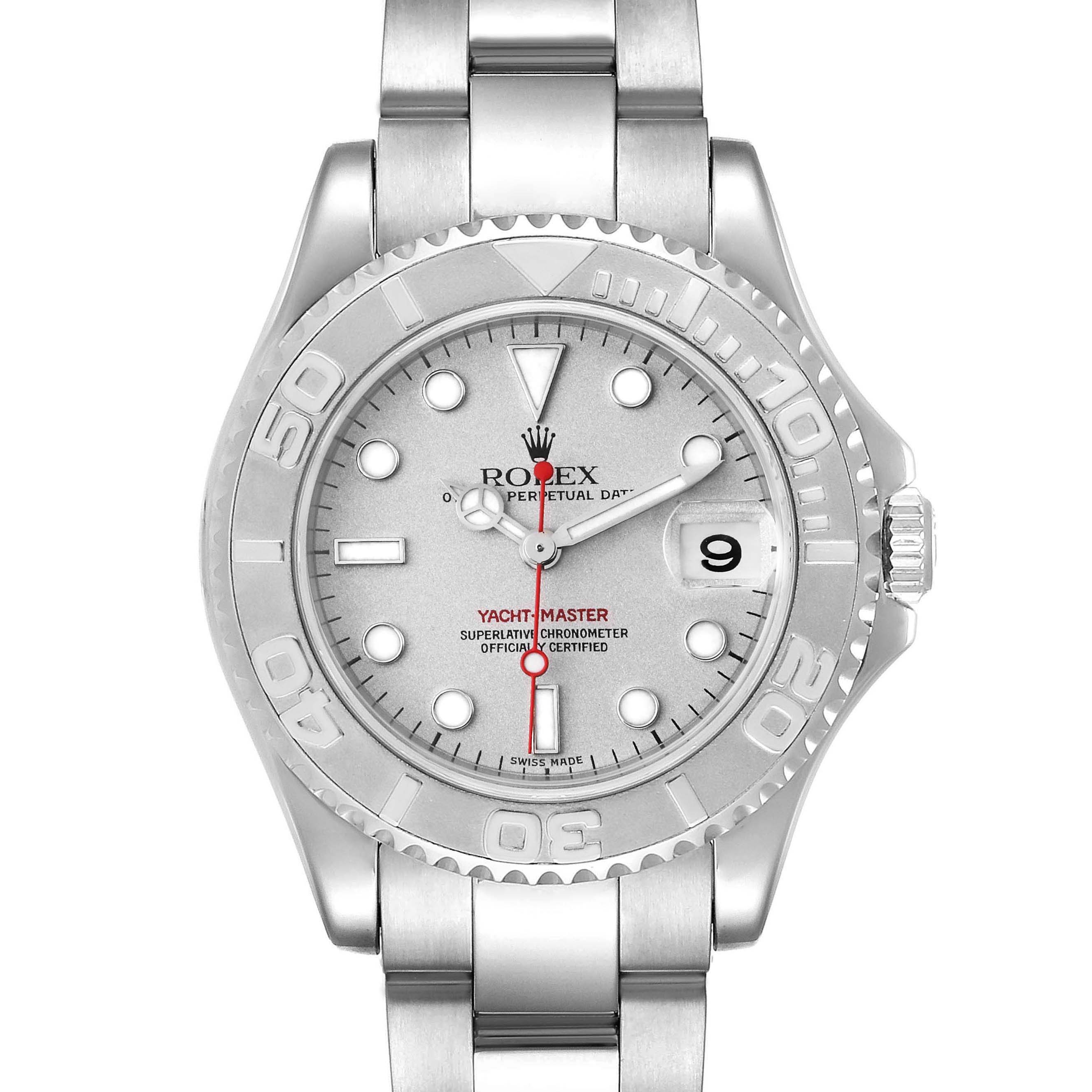 This Rolex Yacht-Master 168622 Men
s Stainless Steel Silver Dial 168622 Men
s Stainless Steel Silver Dial watch is shown from the front, displaying its full dial, bezel, and part of the bracelet.